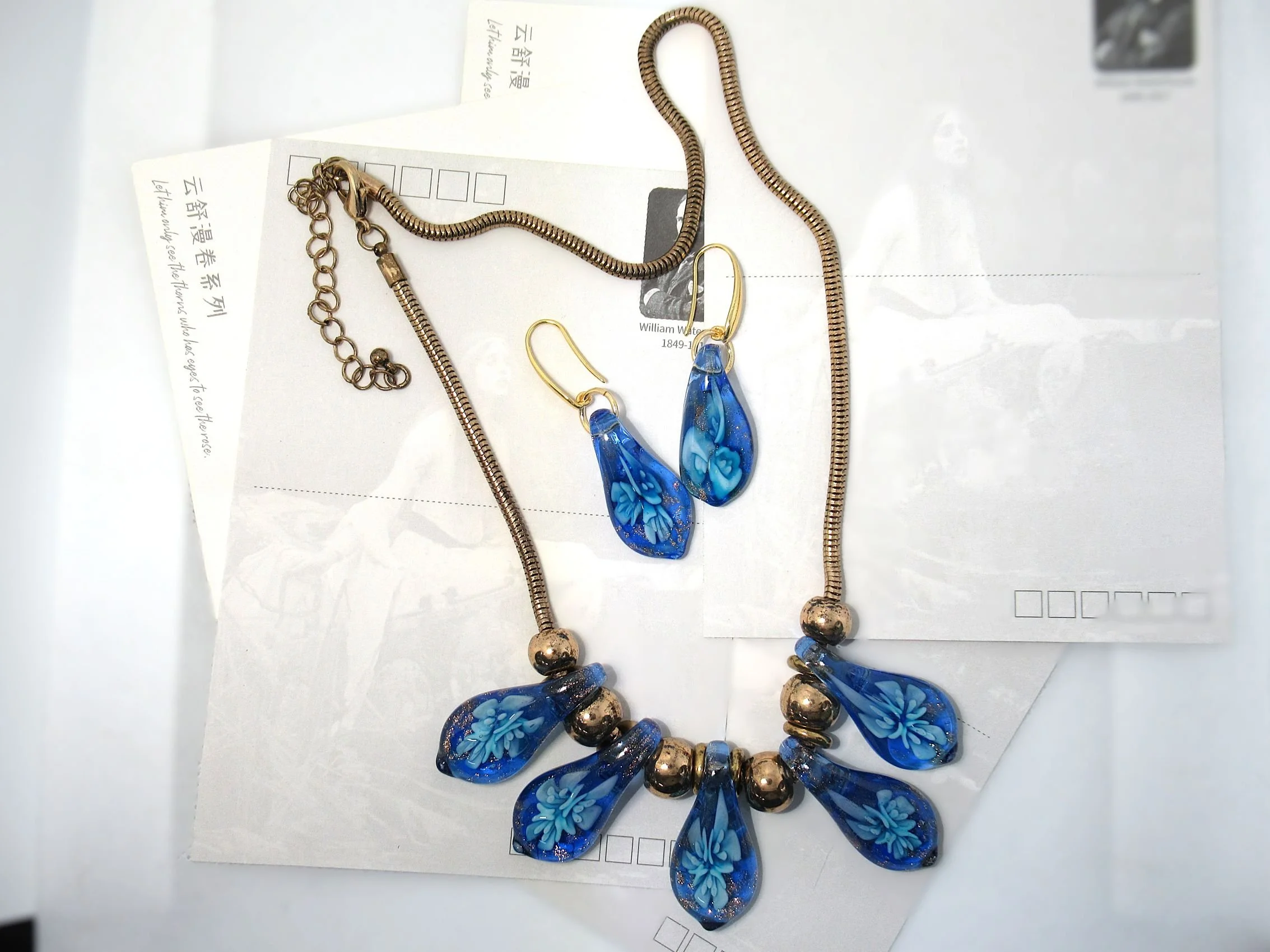Vintage 1980s Murano Blue Glass Necklace & Earrings -Sold Separately.