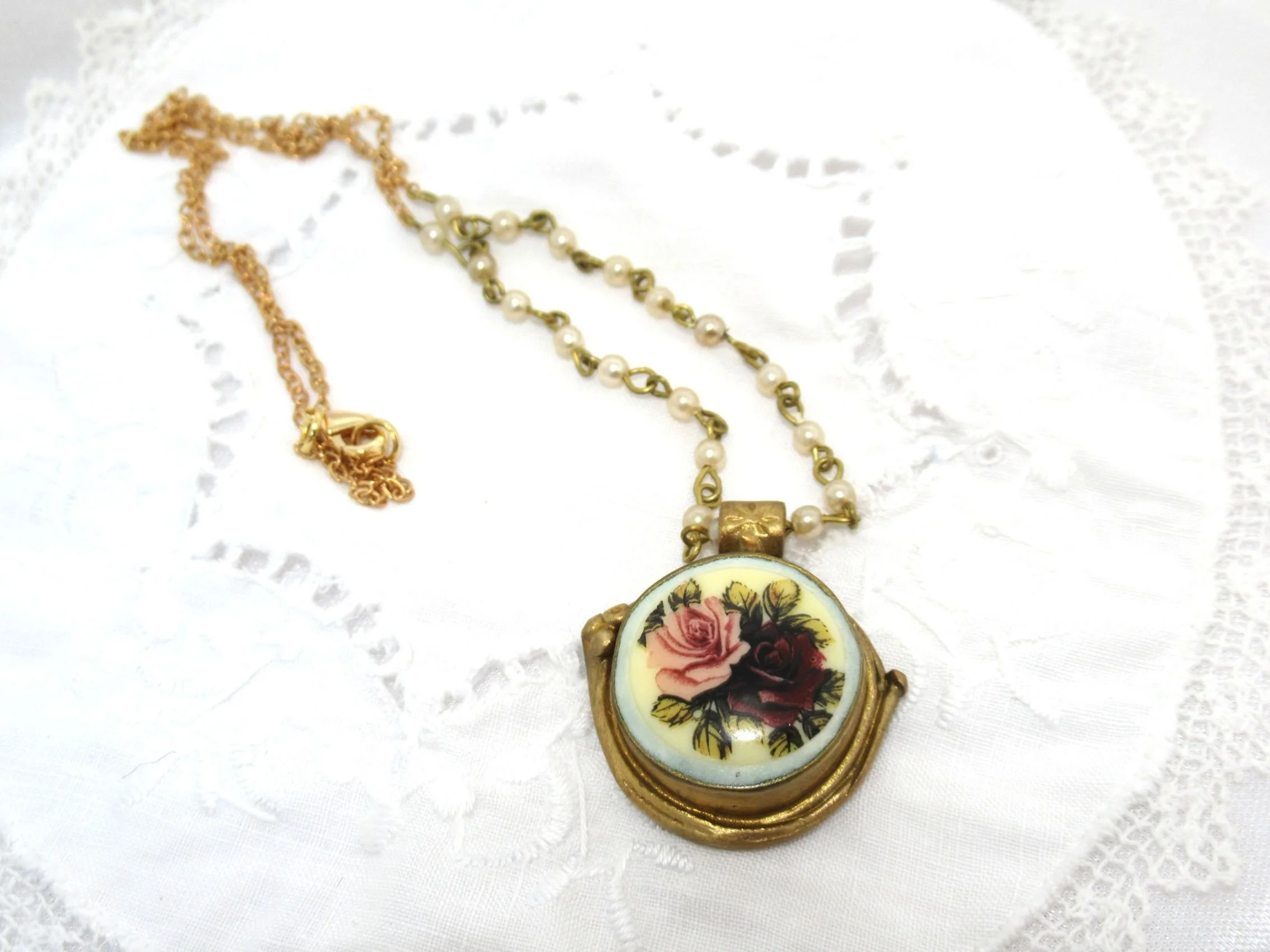 Handcrafted Vintage Cameo Rose & Pearl Raw Brass Pendant Necklace Old New