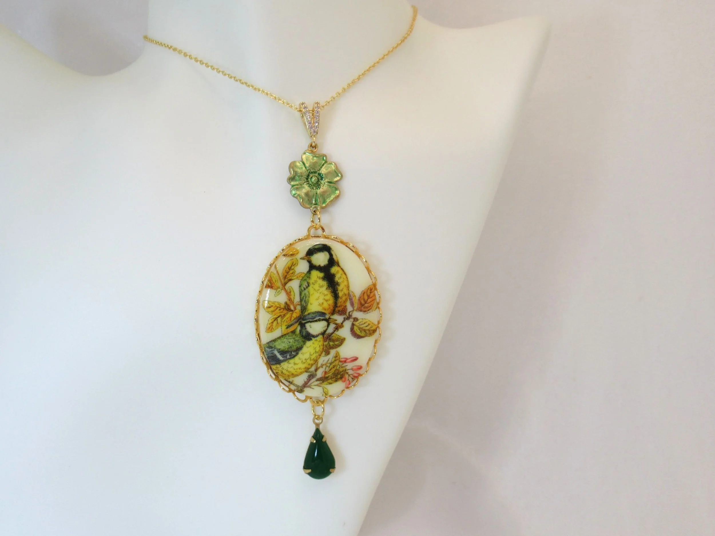 Rosies Vintage and Nik Naks Vintage Handcrafted Wild Bird Cameo Limoges Glass Sage Enamel Gold Necklace Old New