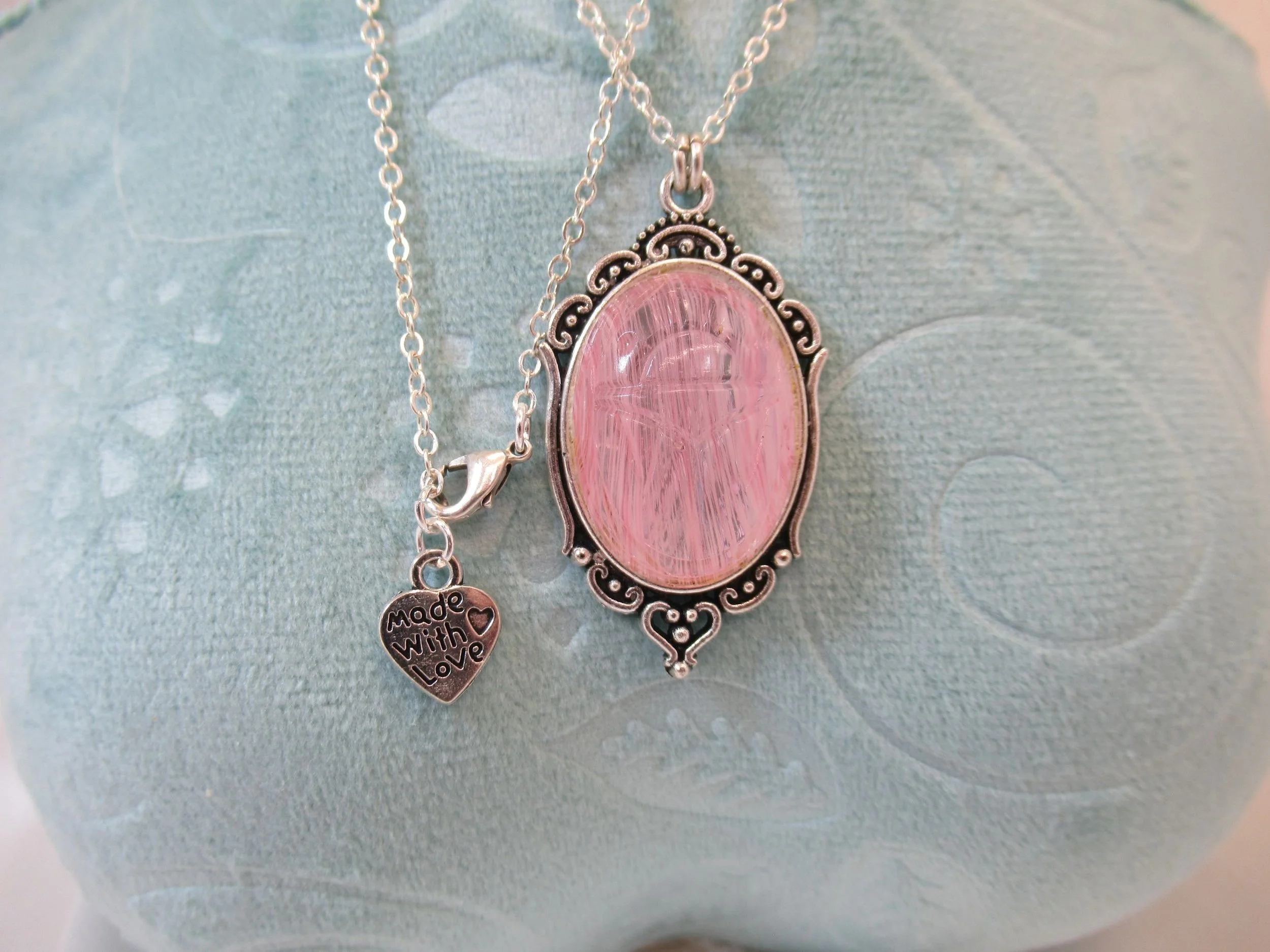 Rosies Vintage and Nik Naks Handcrafted Vintage Rose Quartz Egyptian Scarab & Ornate Filigree Silver Pendant Necklace Old New