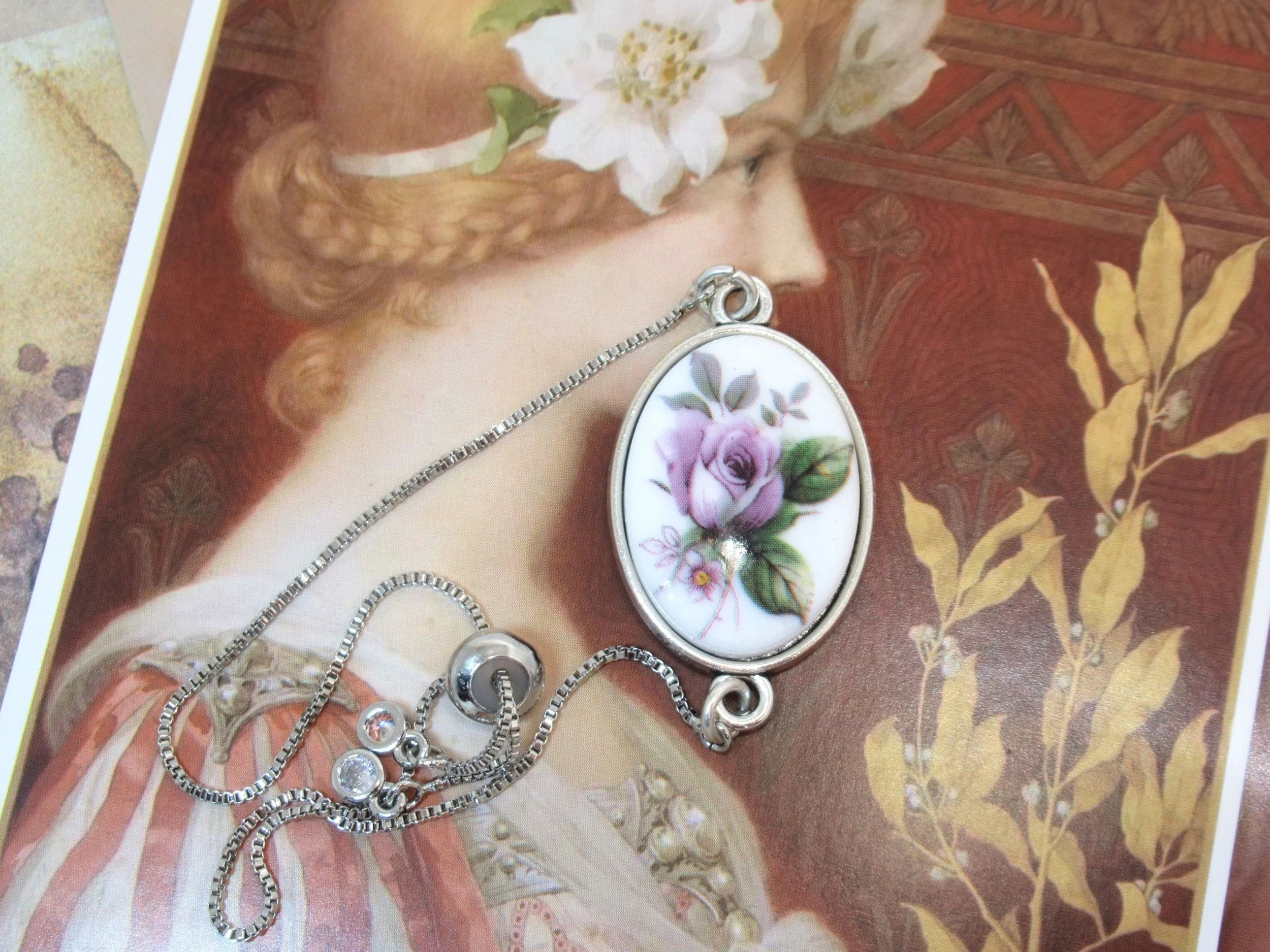 Handcrafted Vintage Rose Cameo Silver Adjustable Bracelet Slider Design Old New