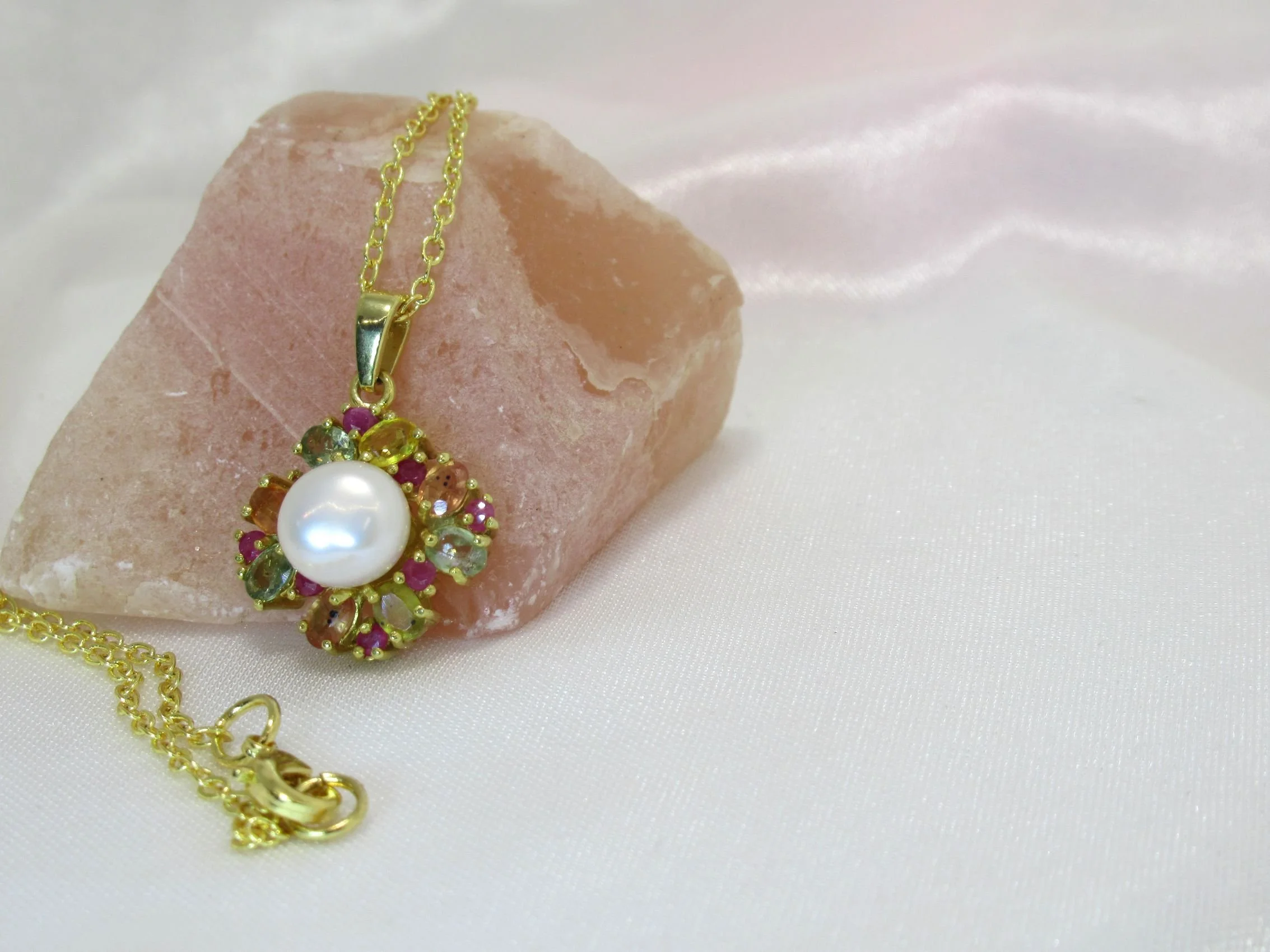 Rosies Vintage and Nik Naks 925 Sterling Silver Sapphire Ruby Natural Gemstone Freshwater Pearl 14K G-P Necklace Pendant.