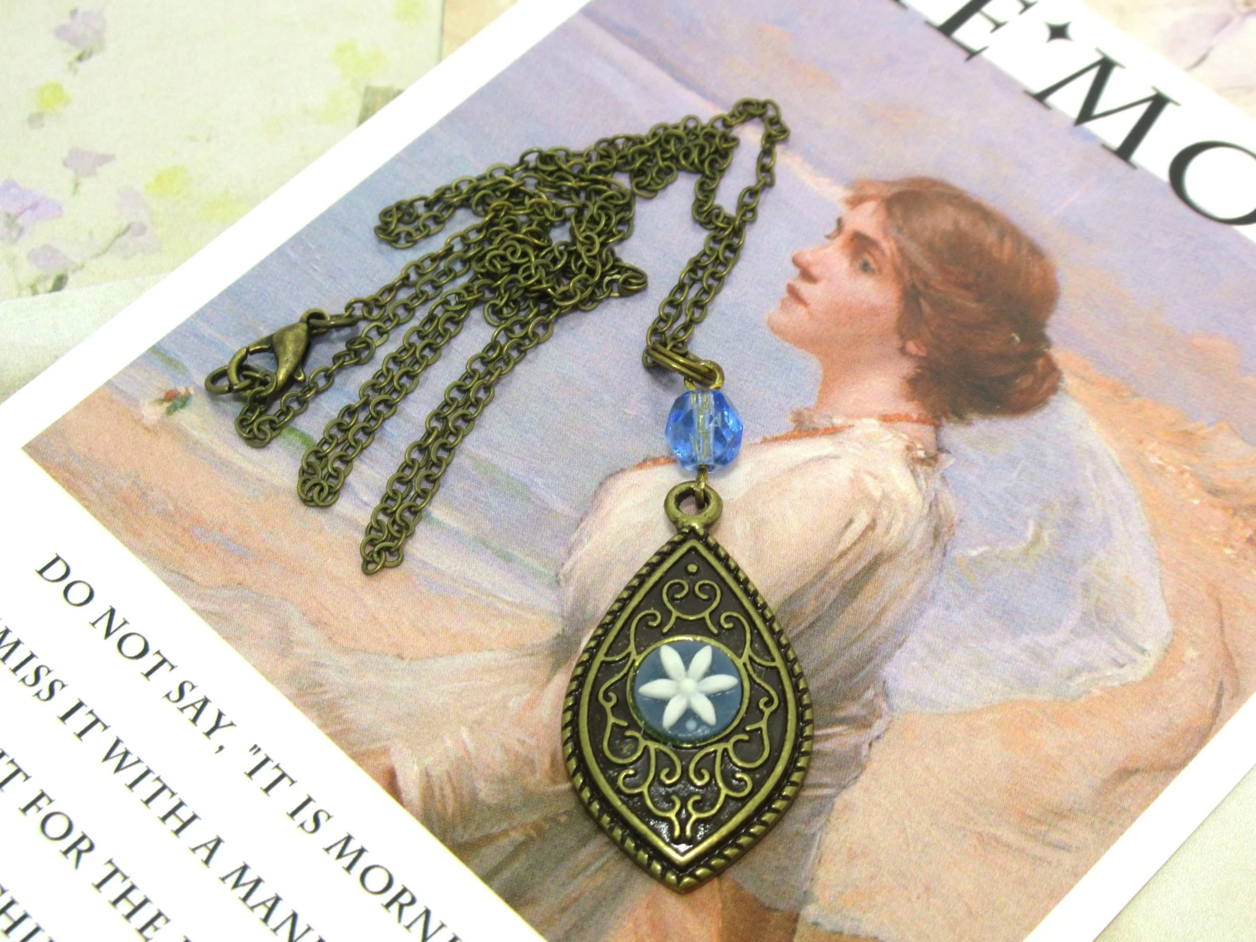 Handcrafted Vintage Floral Cameo & Sapphire Blue Glass Bead Bronze Pendant Necklace Old New