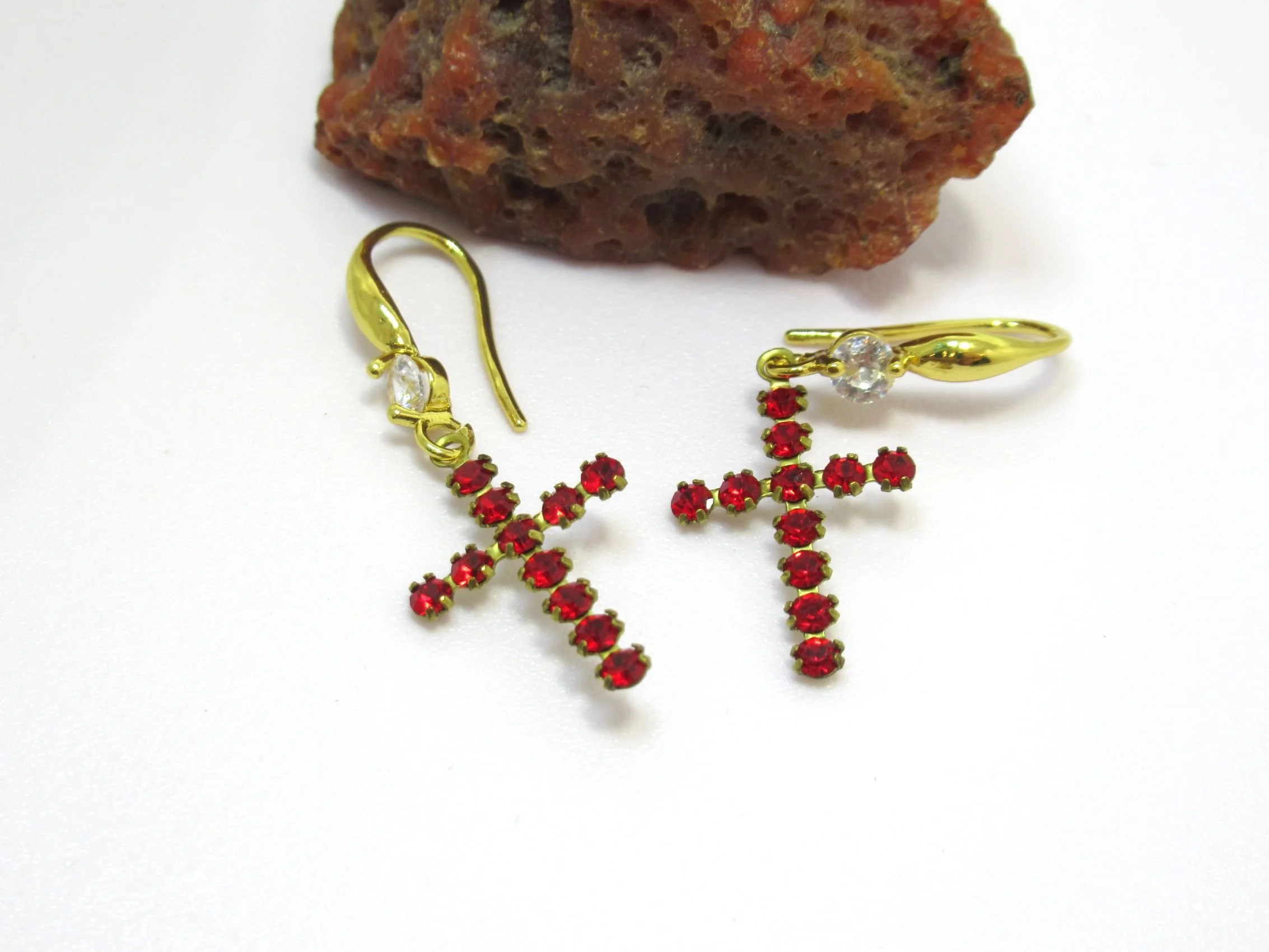 Rosies Vintage and Nik Naks Handcrafted Siam Red Cross Earrings 18K Gold-Plated Modern Vintage Jewellery.