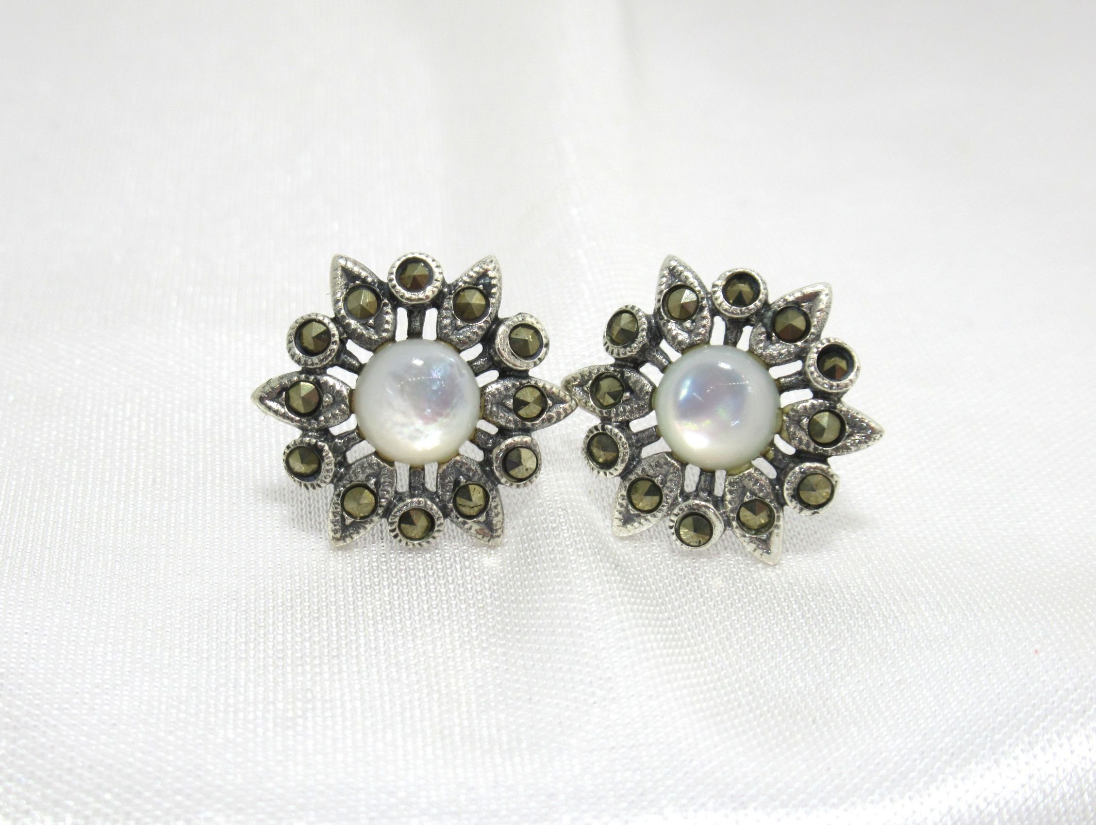 Sterling Silver 925 Mother of Pearl Marcasite White Gold Earrings Natural Gemstone Fine Jewellery.