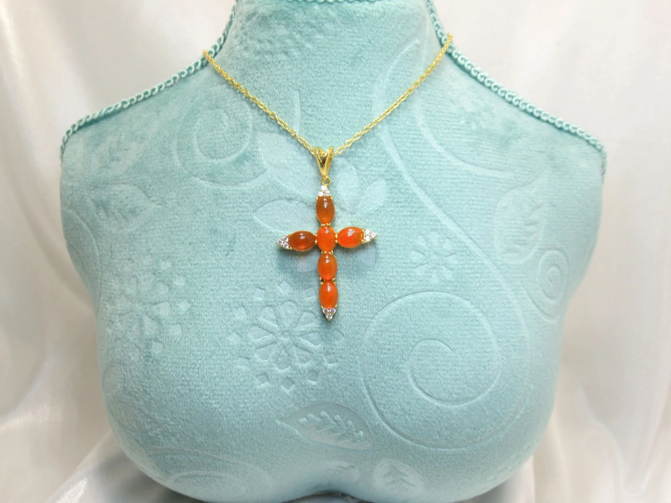 Rosies Vintage and Nik Naks Sterling Silver Gold Plated Fire Opal 7 x 5 mm Cross Necklace Natural Gemstone Fine Jewellery.