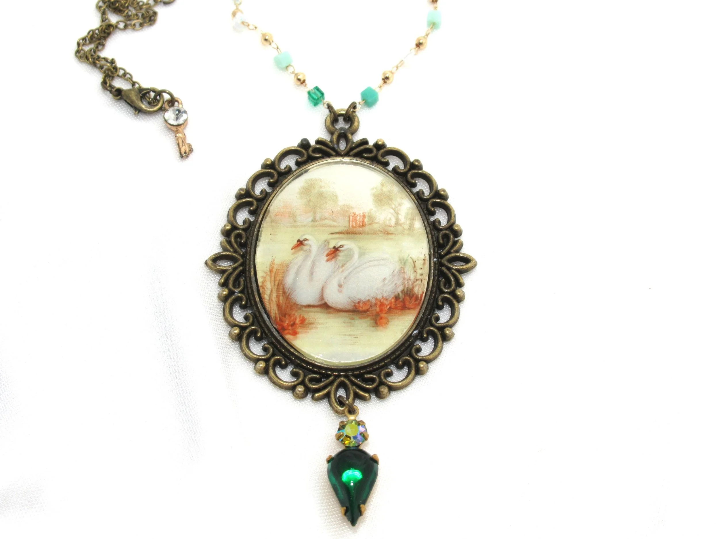 Rosies Vintage and Nik Naks Handcrafted Vintage 1950s Glass Swan Cameo Gold-Plated Teal Glass Bead Pendant Necklace Old New.