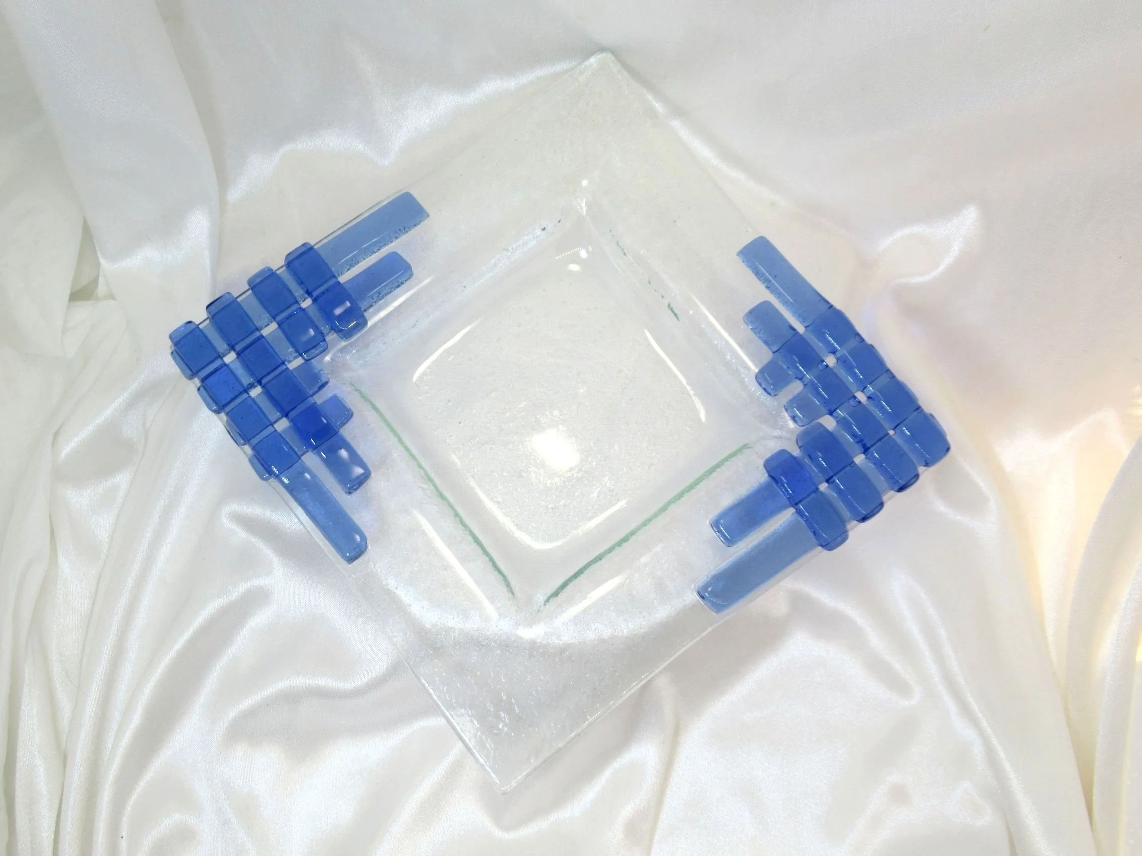 Rosies Vintage and Nik Naks Studio Art Glass Blue Fused Glass Square Trinket Dish