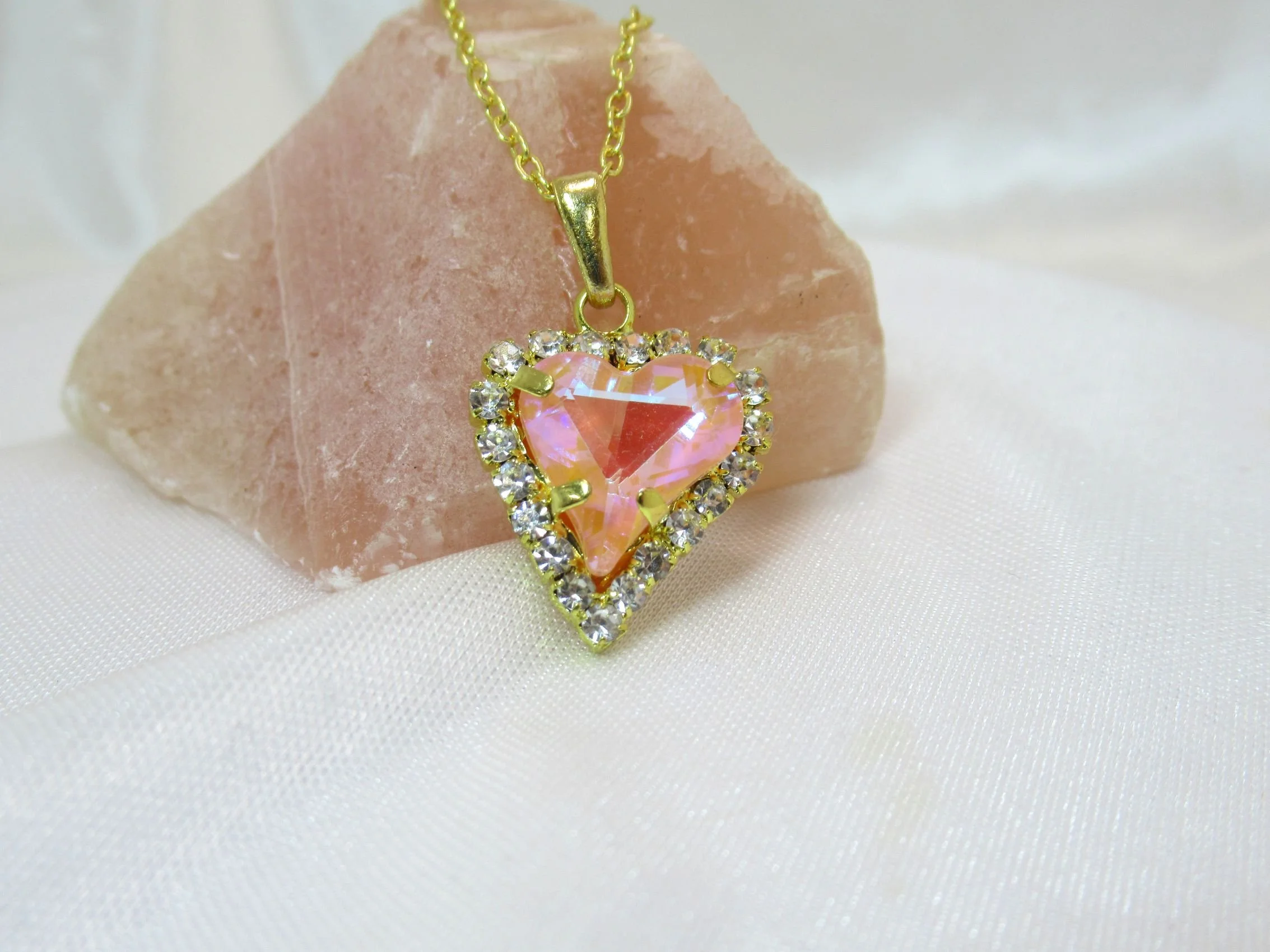 Rosies Vintage and Nik Naks Handcrafted Pink Glass Heart & Rhinestone Gold -Plated Necklace