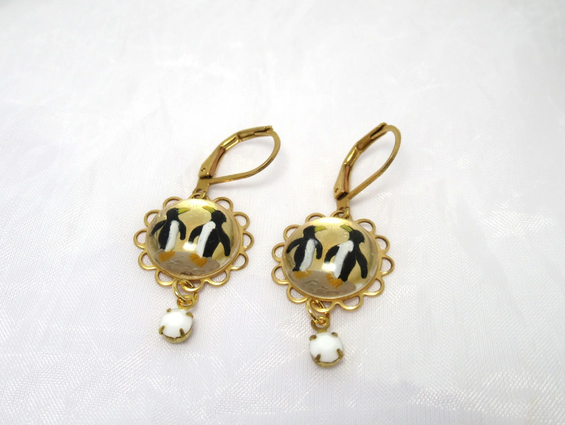 Handcrafted Vintage Gold Penguin White Glass Drop Earrings | 1950s Glass Cameo Jewellery
