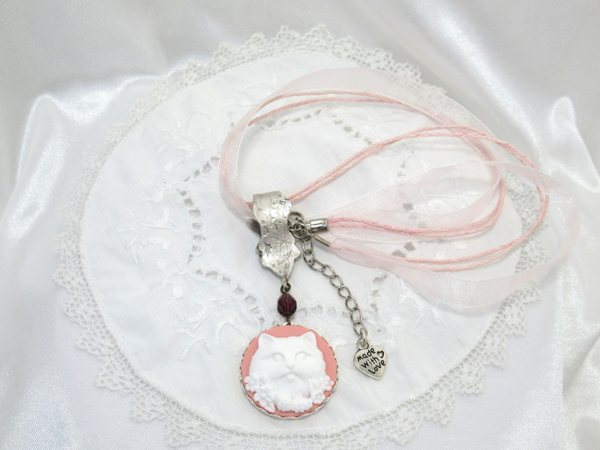 Rosies Vintage and Nik Naks Handcrafted Feline Cat Cameo Silver Pink Ribbon Choker Necklace Pendant.