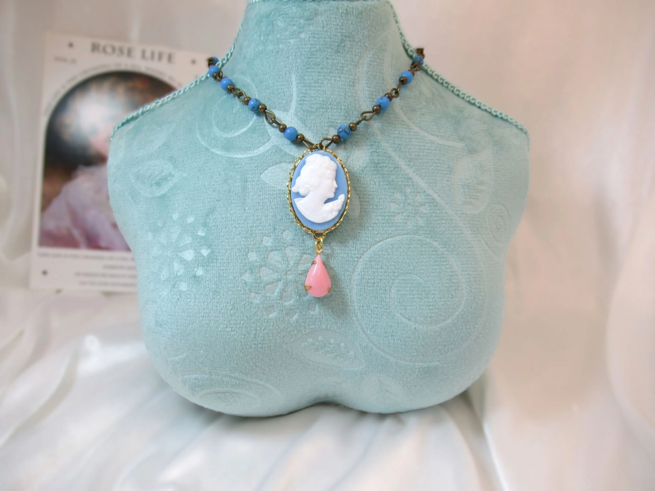 Rosies Vintage and Nik Naks Handcrafted Vintage Cameo "Wedgwood" Blue & Pink Glass Beaded Pendant Necklace Old New.