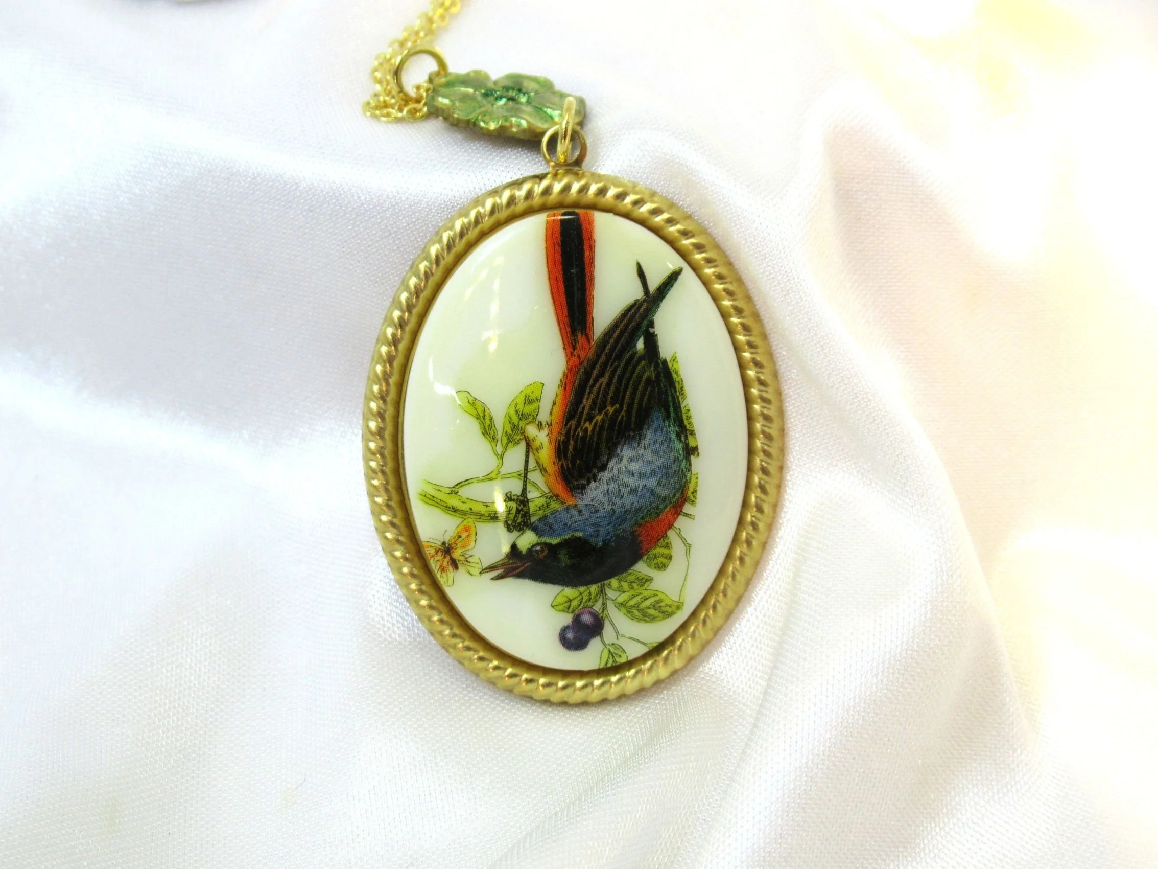 Rosies Vintage and Nik Naks Handcrafted Vintage Limoges Bird Cameo & Sage Green Enamel Necklace