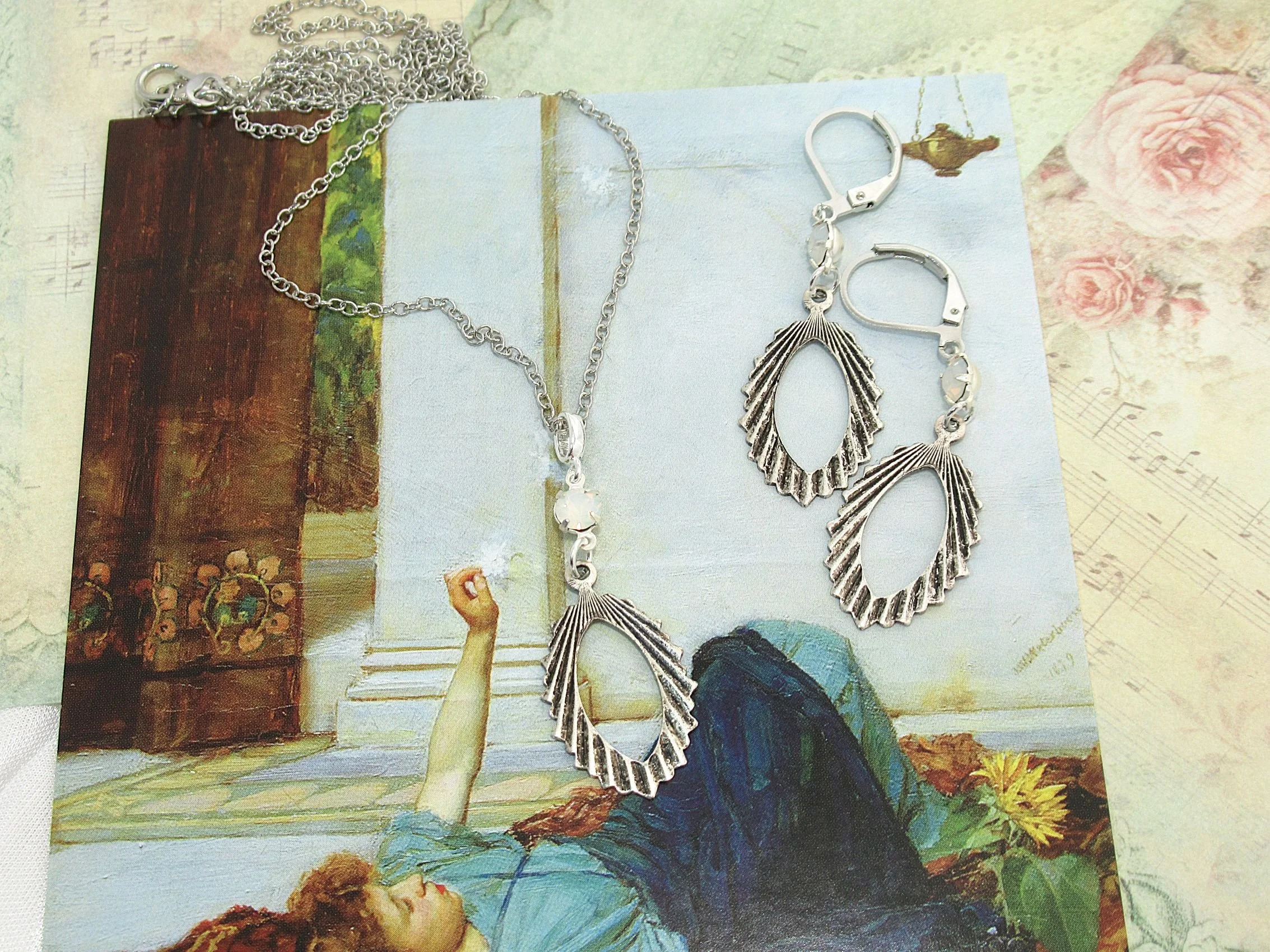 Handcrafted Antiqued Silver Plated Art Deco White Opalescent Earring and Necklace Set.