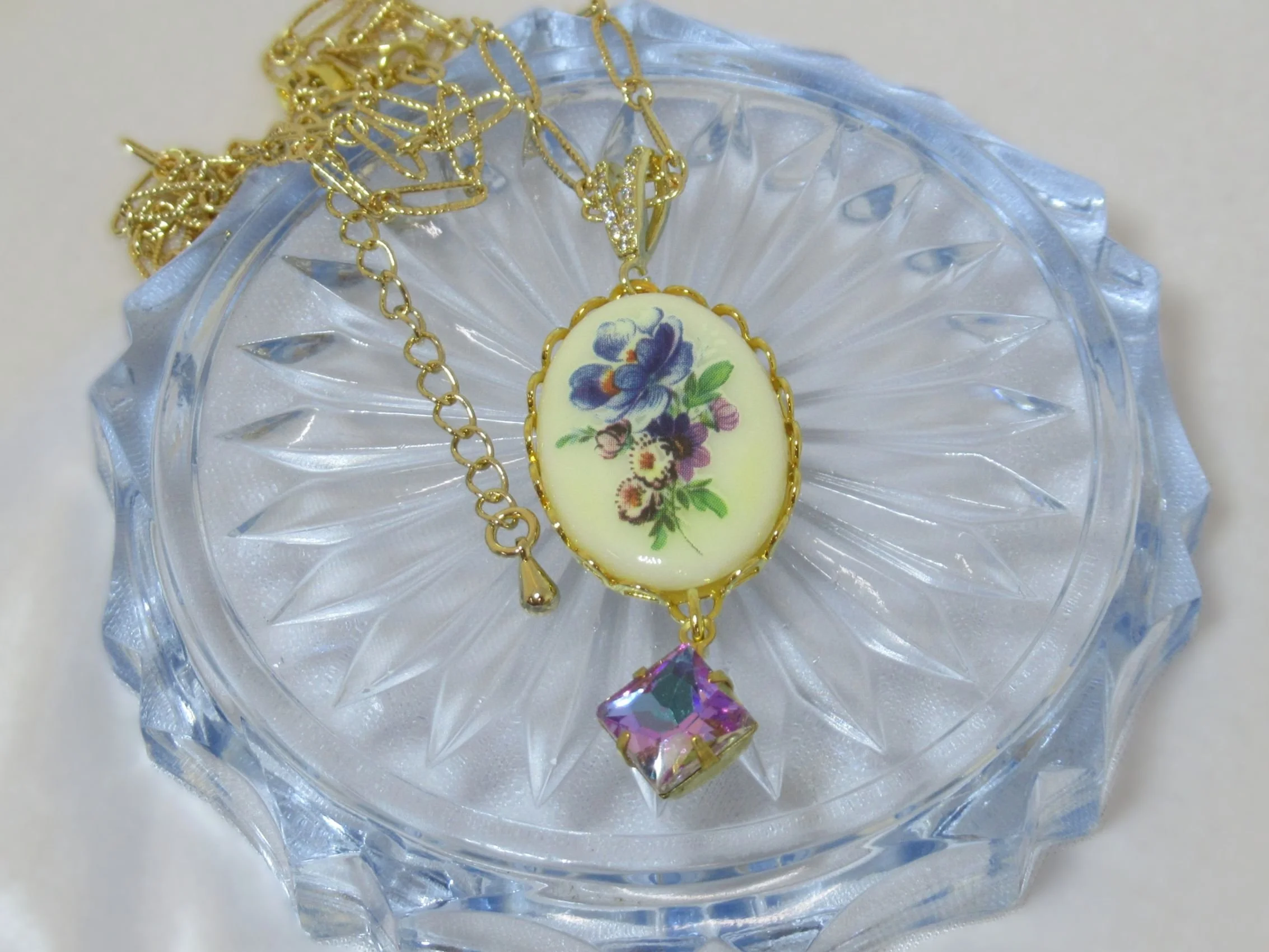 Rosies Vintage and Nik Naks Handcrafted Vintage Floral Glass Decal Vitrail Amethyst Colour Gold -Plated Necklace