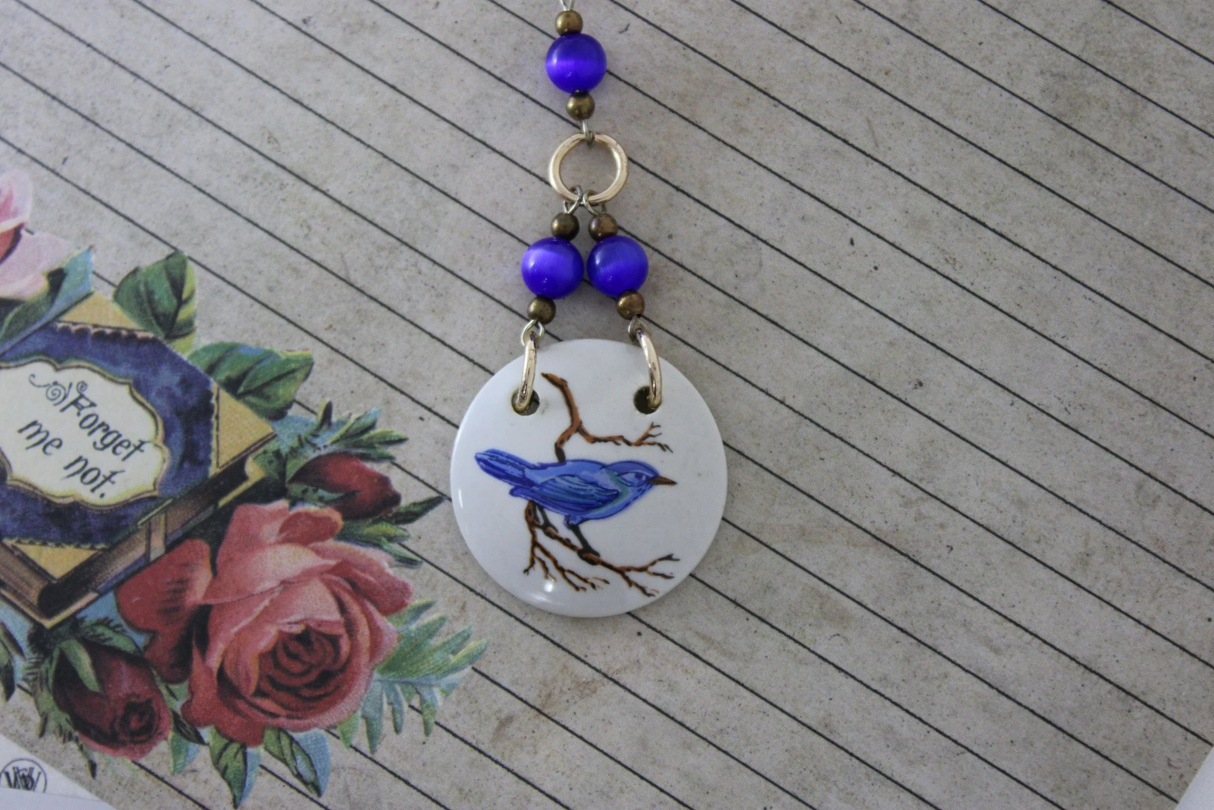 Rosies Vintage and Nik Naks Handcrafted Vintage Blue Bird Porcelain Blue Glass Bead Necklace Pendant