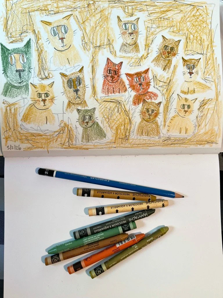 When your day doesn't go as planned, cat face doodles are good therapy. 

(Still loving this new color palette of Neocolors II's)

#drawingtherapy 
#catart