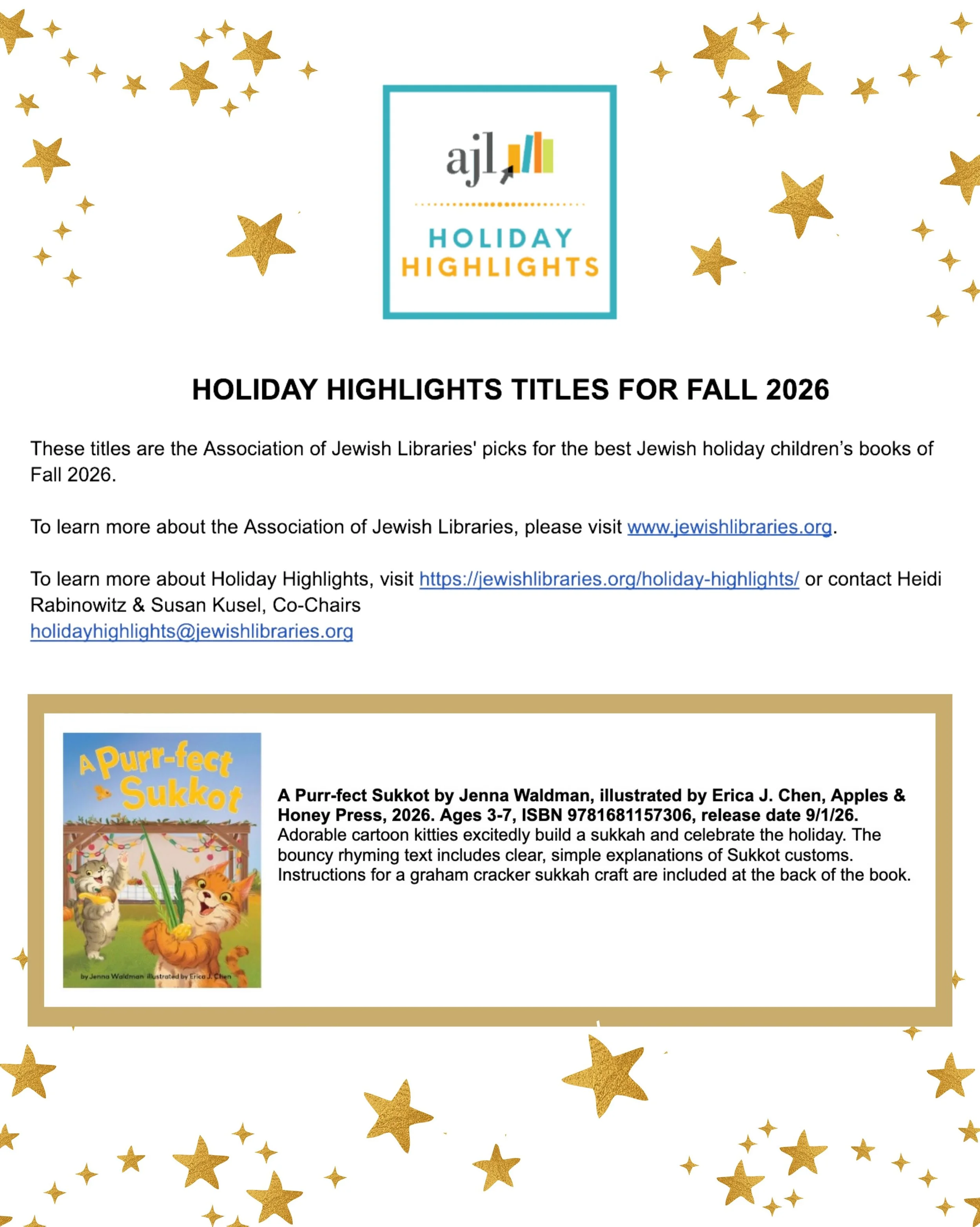 Thank you to the team at @jewishlibraries for selecting A Purr-fect Sukkot as part of their Holiday Highlights for Fall &lsquo;26 😺 The kitties and I are thrilled to be listed among these amazing titles!

(This is the original yellow title cover, lo