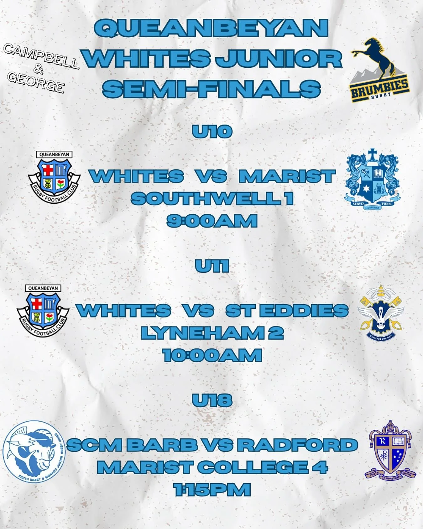 @queanbeyanwhitesjuniors involved in Finals Footy this weekend. 
Get out and support our 3 teams as they try to secure a spot in the big dance!