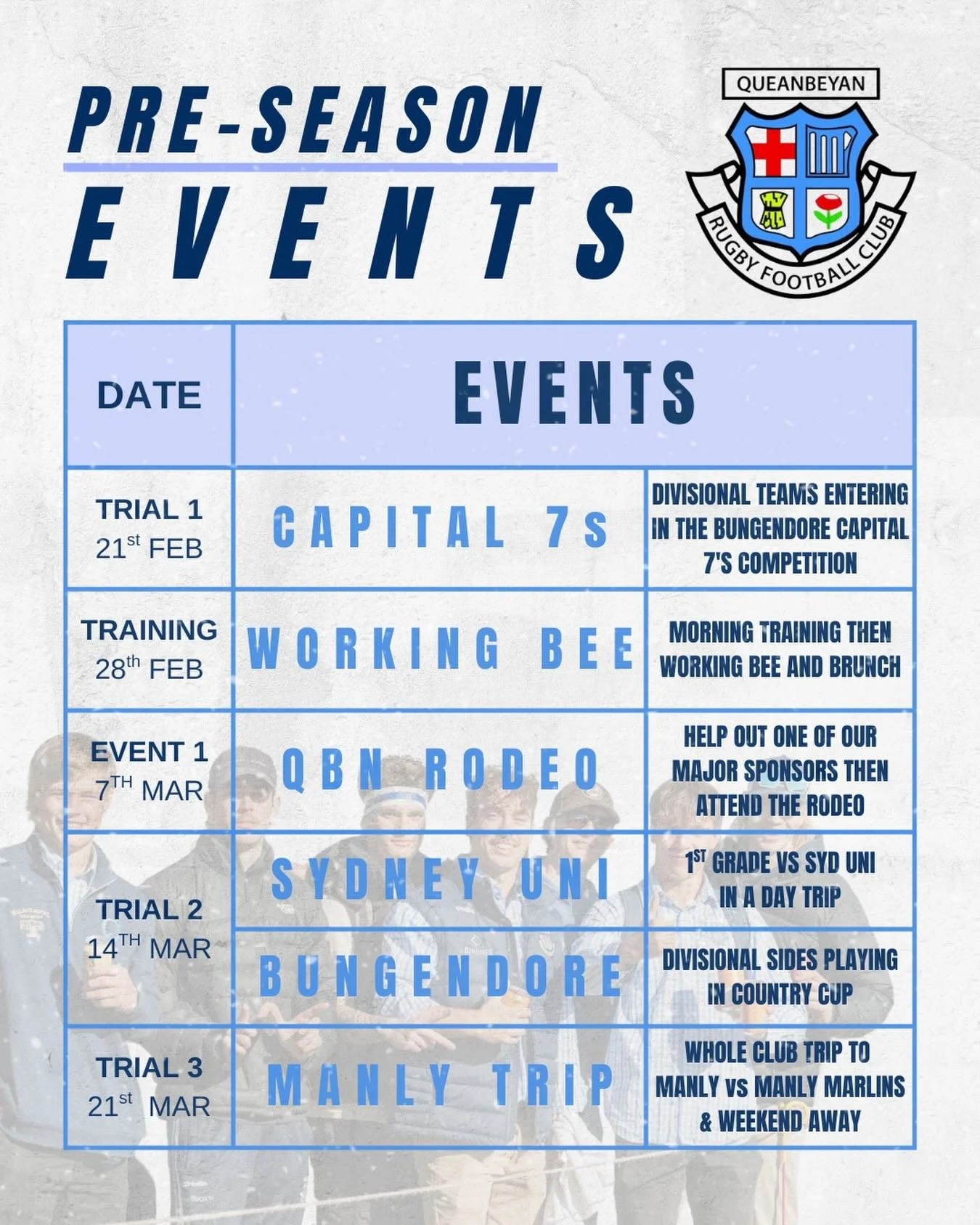 Pre-Season Events Calendar 📆 
Get excited for our preseason events coming up in the next couple weeks. 2 trips away to sydney and some club events in between.
Mark them down in your calendars to ensure you&rsquo;re there! 
More Information will be p
