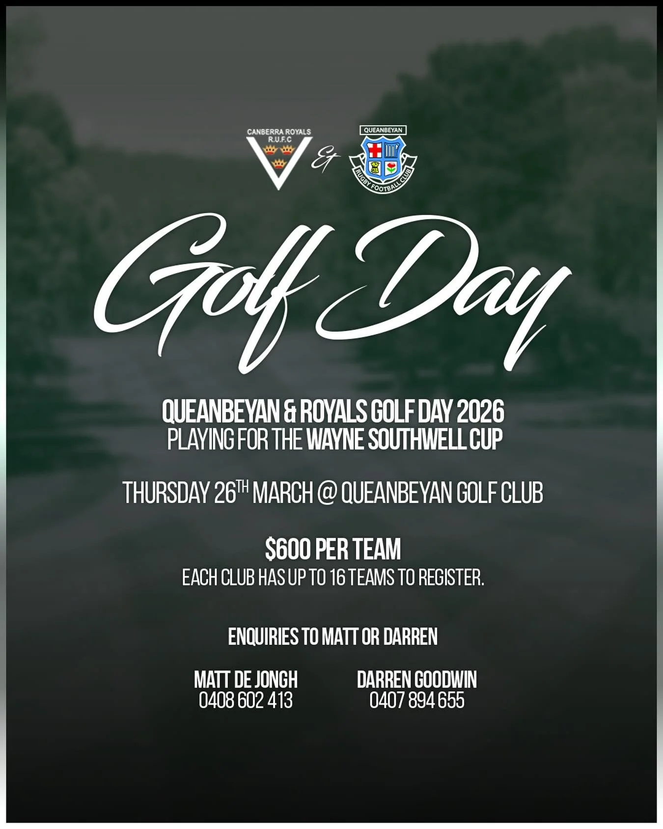 Ditch the scrum, grab your clubs! ⛳️ Whites &amp; Royals Golf Day is hitting Queanbeyan Golf Course on Thursday, March 26th. 16 teams from each club will battle it out for the Wayne Southwell Cup... and bragging rights up for grabs! Purchase one of t