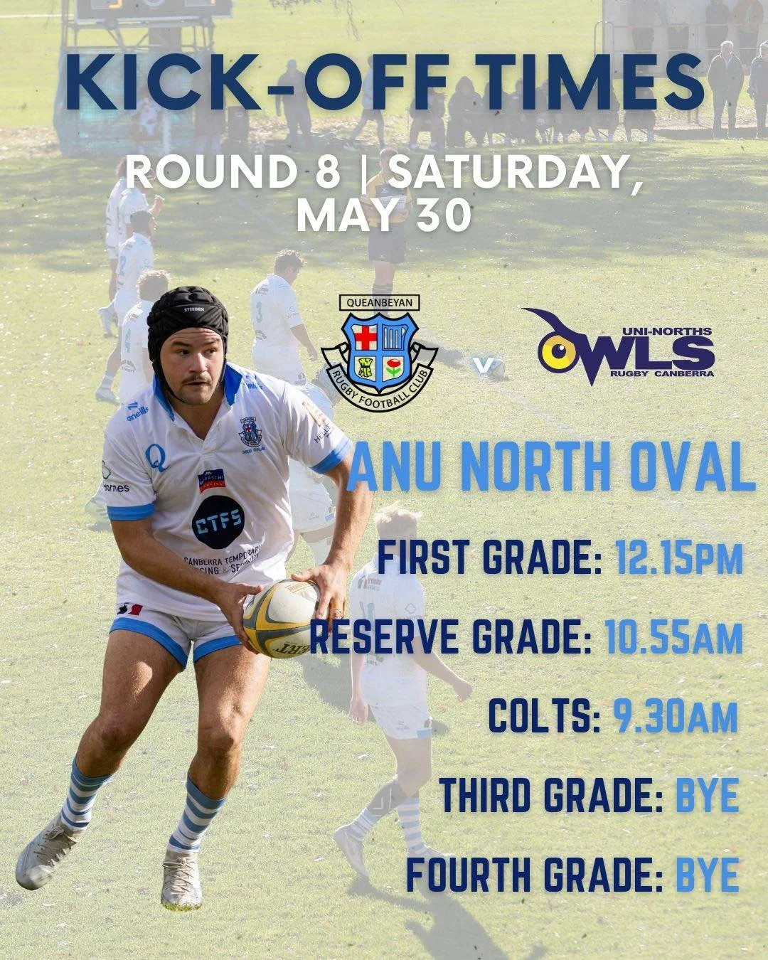 Round 8 game times over at ANU against Owls. 3rds and 4th with a bye weekend!