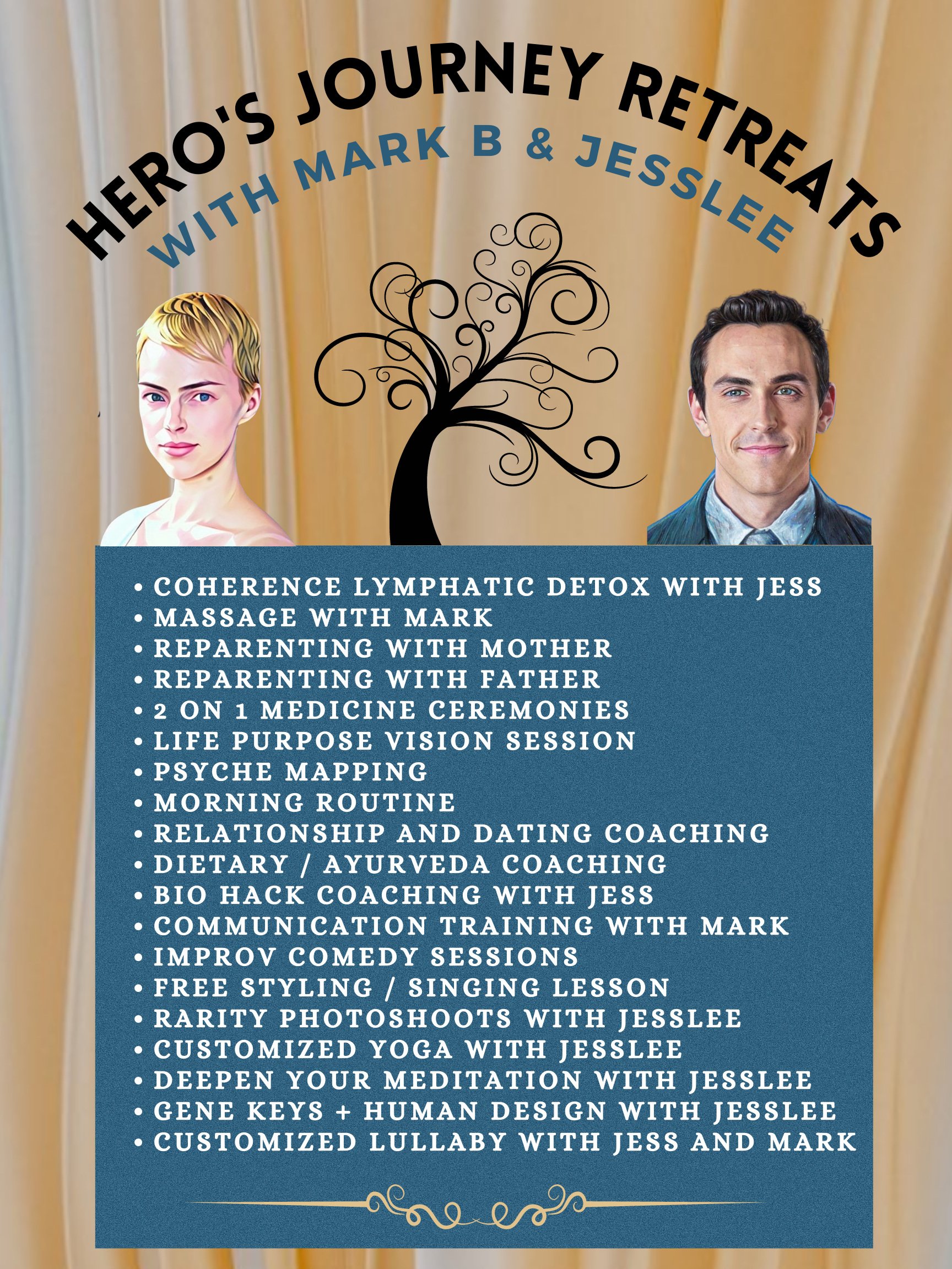 Promotional poster for Hero's Journey Retreats featuring Jesse and Mark B, with images of Jesse (blonde woman) and Mark B (dark-haired man) against a golden curtain background. The poster lists retreat activities including detox, massage, coaching, yoga, meditation, and photoshoots.