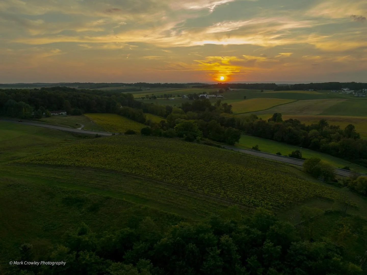 What an incredible sunset over @esmevineyards and her neighboring farms. Lucky to live in a world like this. Special thanks to the fantastic photography of Mark. @cori_crowley #fall #paradise #vineyard #reflection