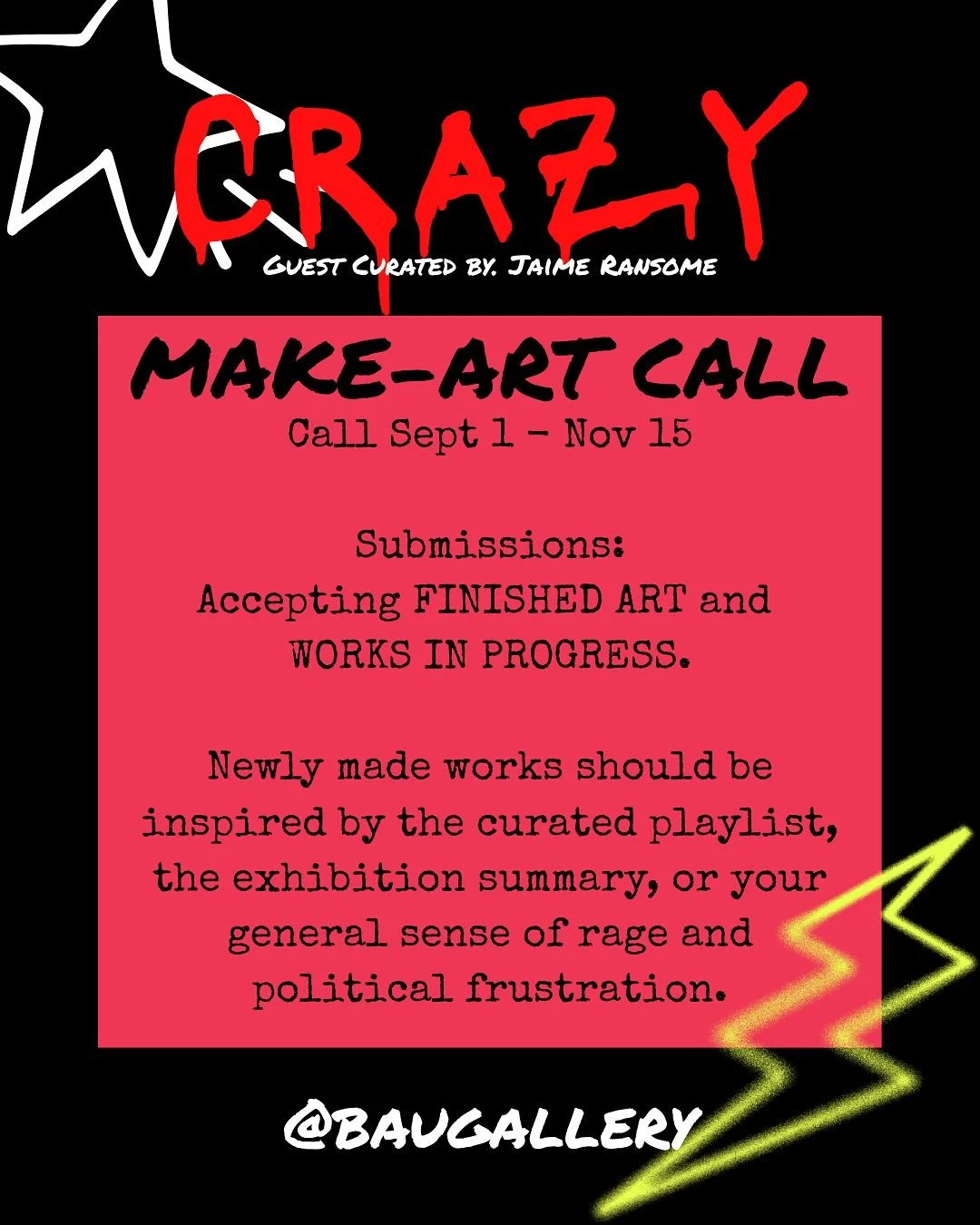 Jaime Ernestina Ransome on Instagram: &ldquo;Curated Playlist for CRAZY at BAU Gallery!

Guest Curator, Jaime Ransome, had created one of her signature Curated Playlists to help artists and attendees get in the right head space for CRAZY. 

Artists s