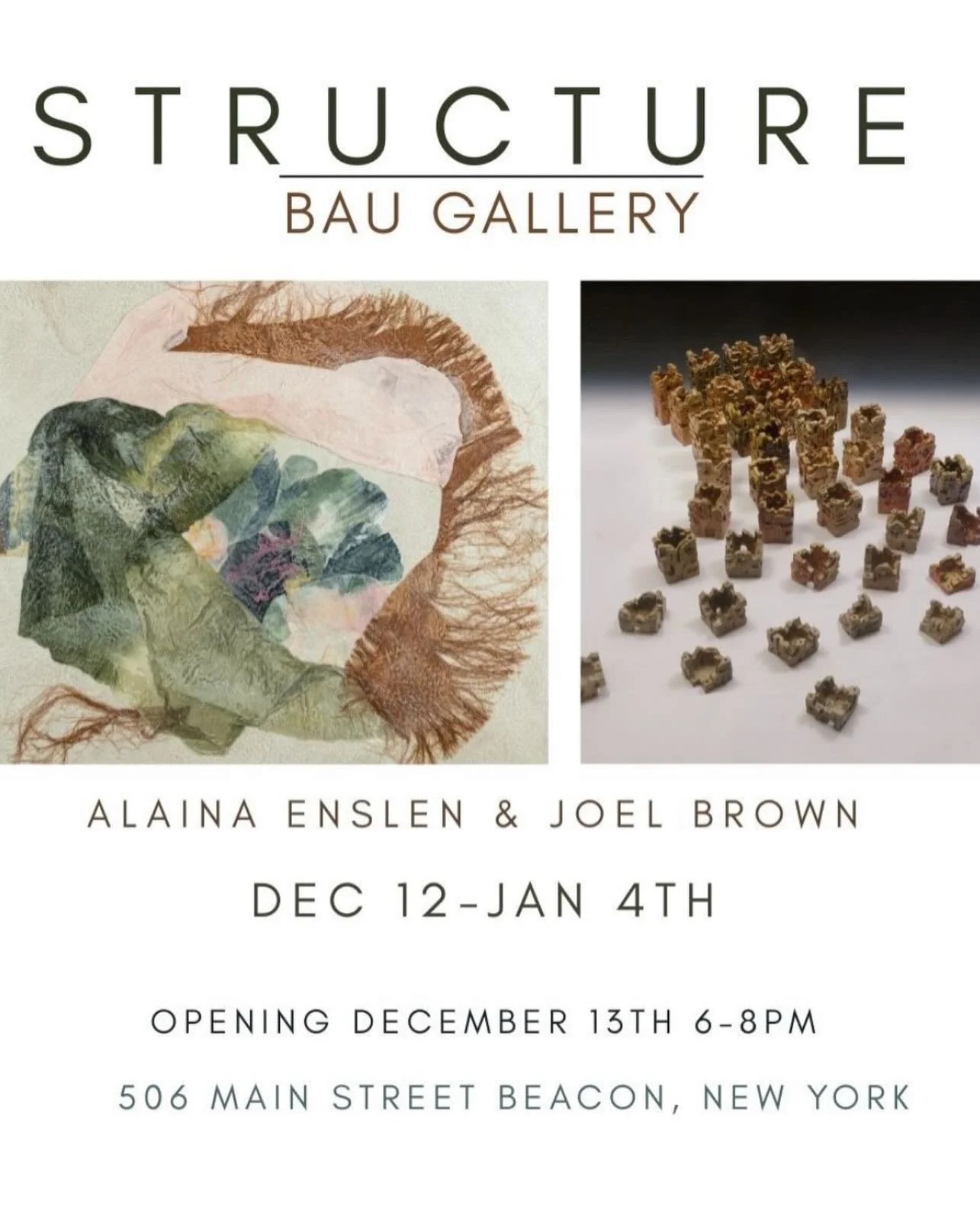 Opening Saturday, Dec. 13! Alaina Enslen and Joel Brown&rsquo;s 𝙎𝙩𝙧𝙪𝙘𝙩𝙪𝙧𝙚. 

𝙎𝙩𝙧𝙪𝙘𝙩𝙪𝙧𝙚 brings together the ceramic work of BAU artist Joel Brown and the encaustic work of guest artist Alaina Enslen.

Reception: Saturday, December 13