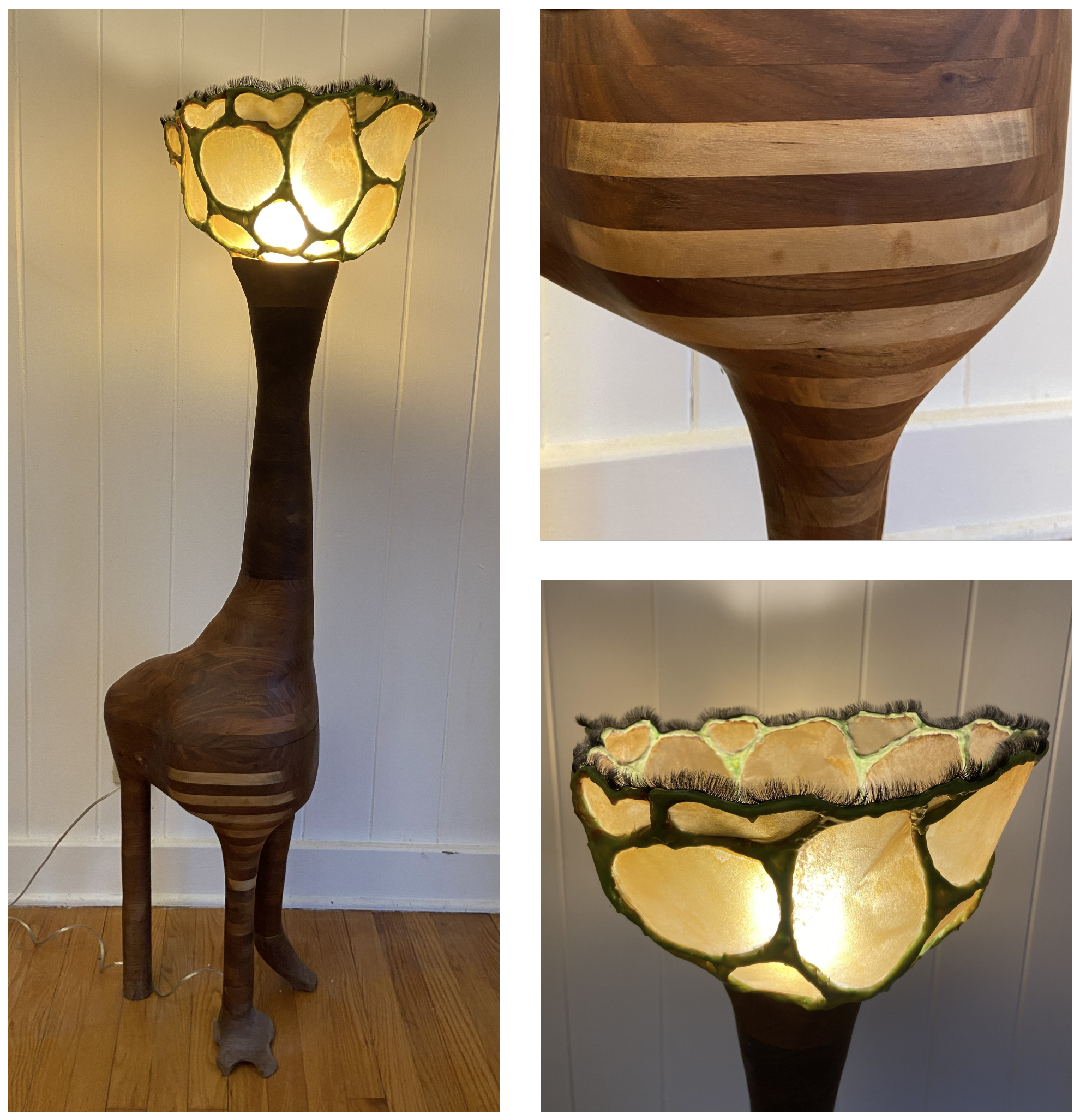 "Eyelash Cup/Grazer," 2021, walnut, shellacked rice paper, false eyelashes, brass, electrical components
