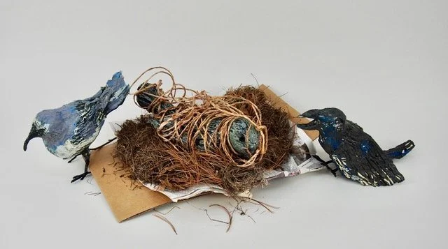 Construction #1, 2026, ceramic, twine, newspaper, cardboard and pine needles, 16 in. x 7 in. x 6 in.