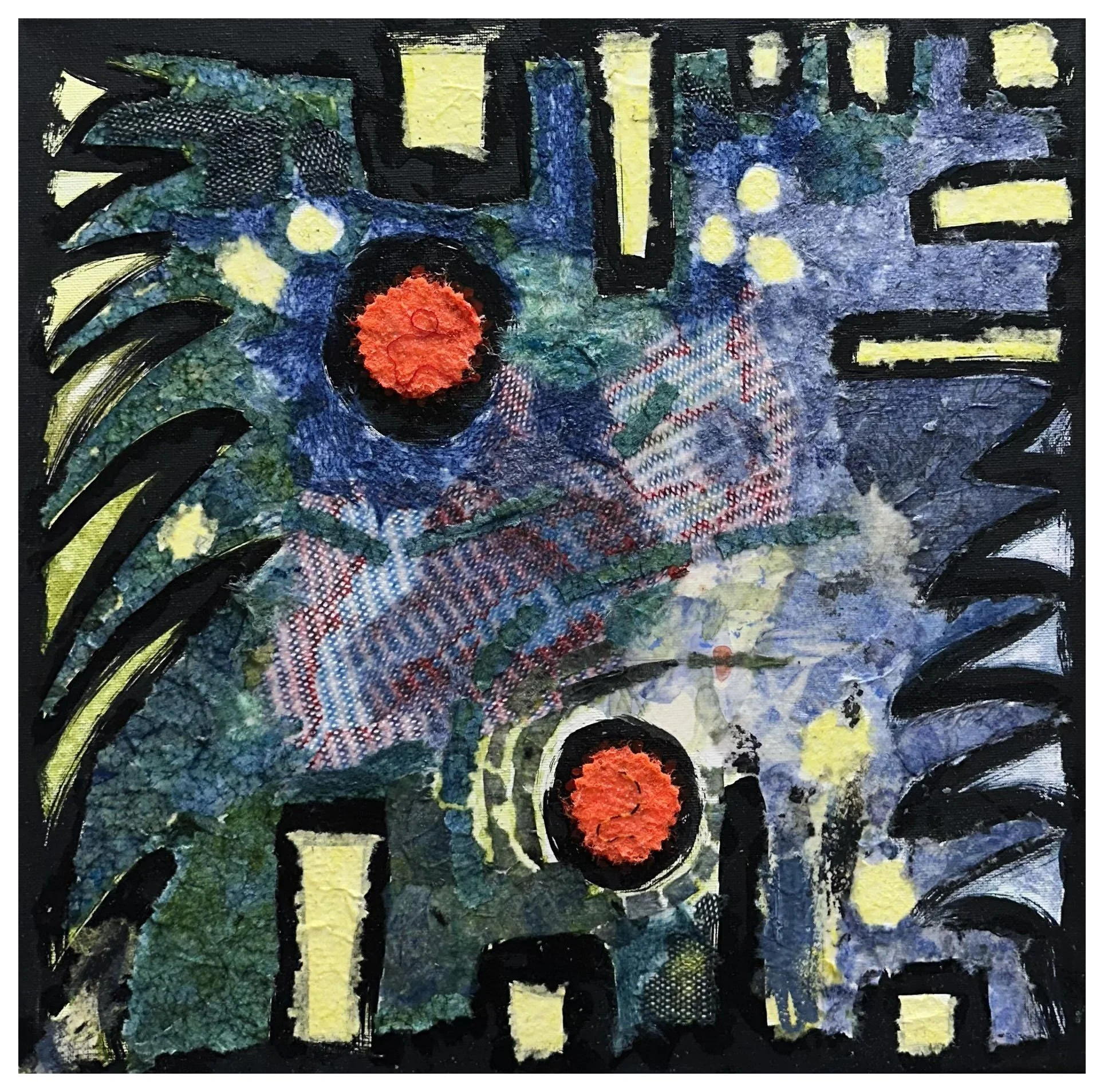 Red-Eye Flight, Mixed Media Collage, 14"x14"