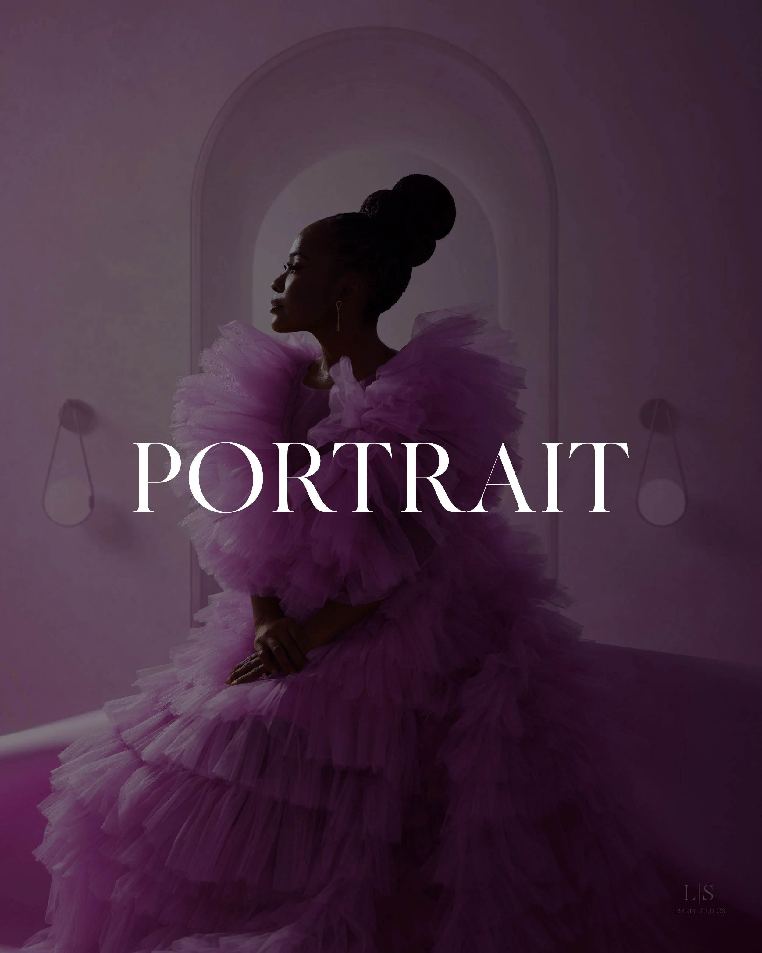 Silhouette of a woman in a voluminous pink ruffled dress, standing in front of a lavender wall with two wall sconces. The word 'PORTRAIT' is overlaid on the image.