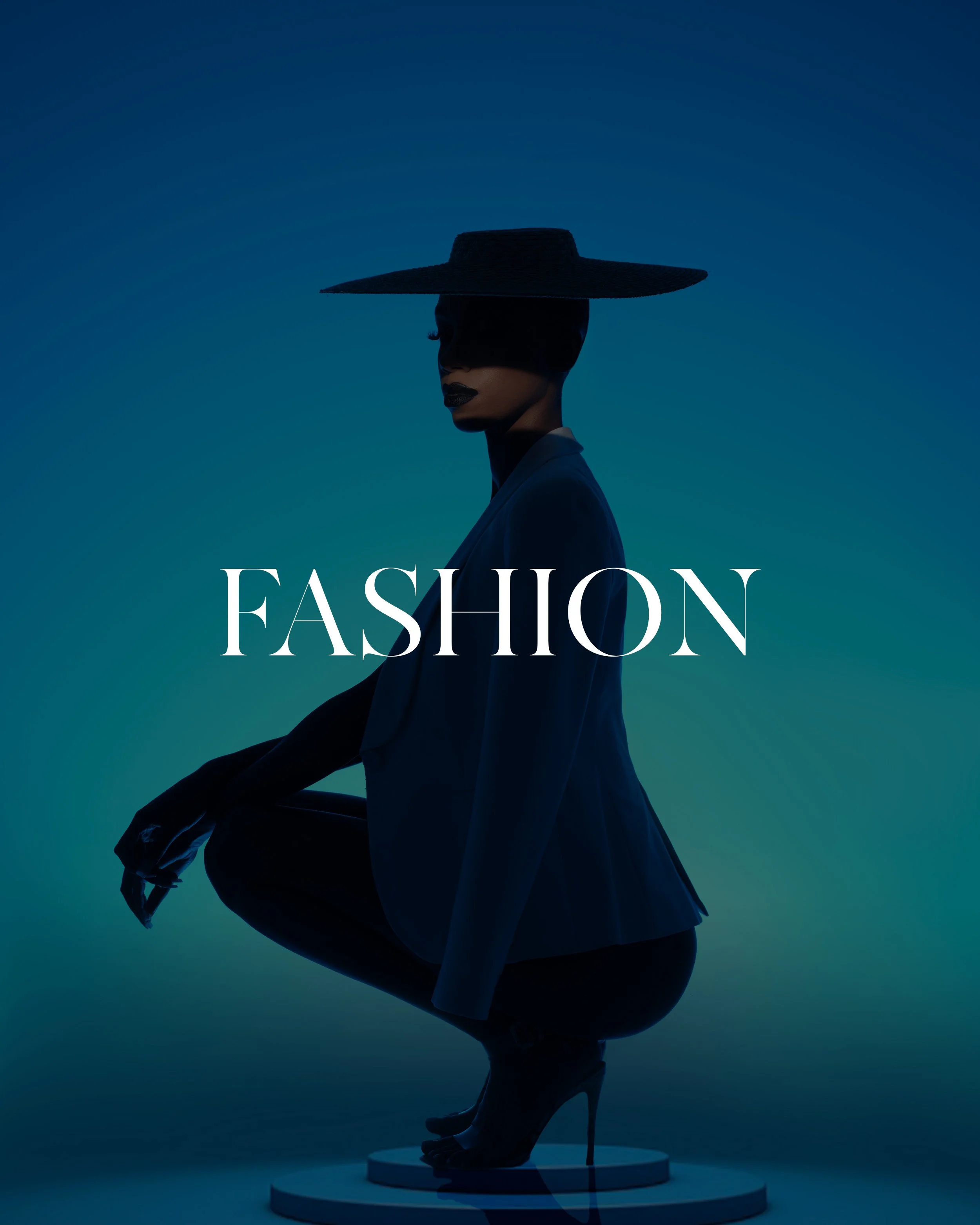 A fashion model wearing a large wide-brimmed hat, dark lipstick, and stylish clothing, squatting with one foot on a platform, with the word 'FASHION' overlaid on the image.