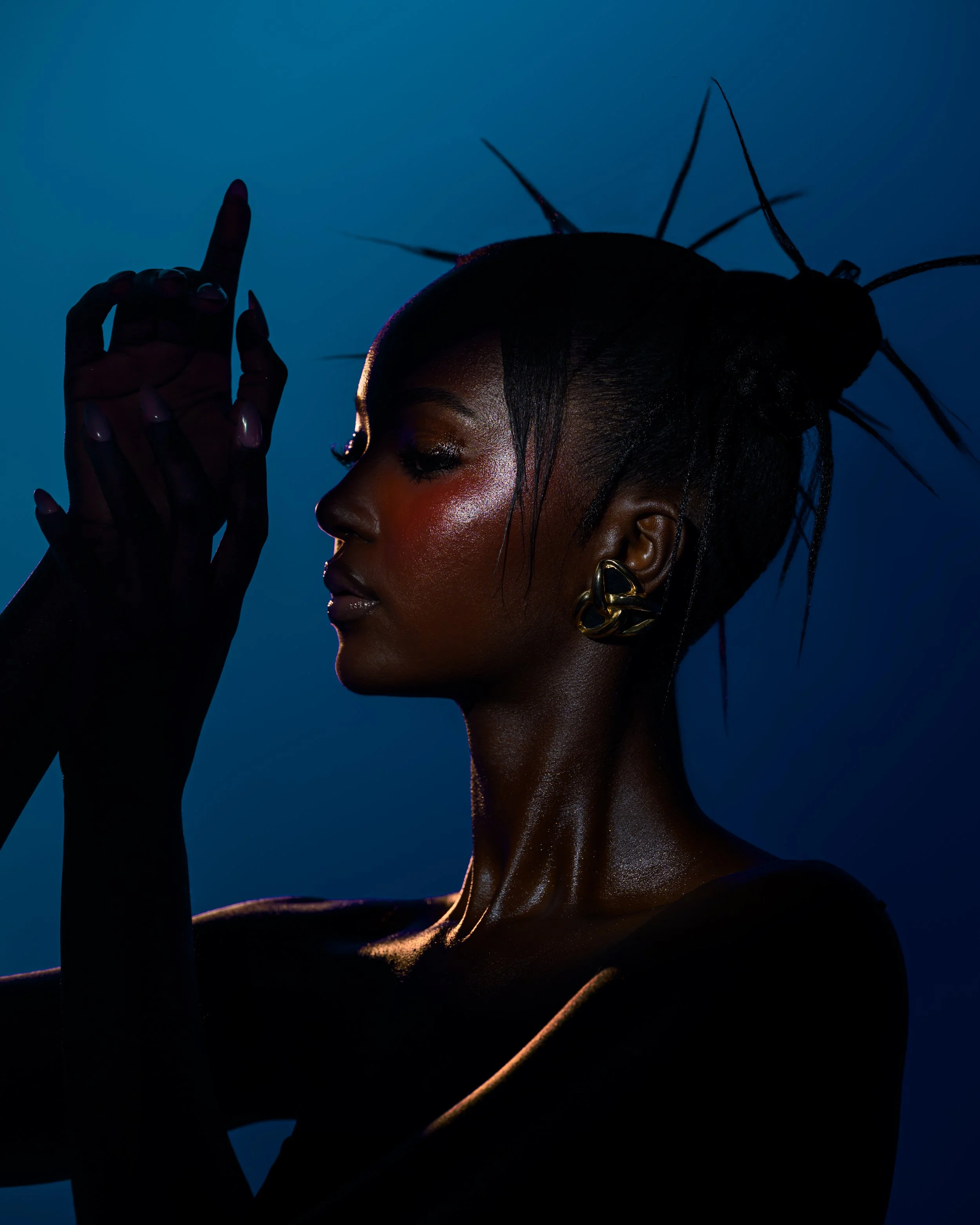 A profile portrait of a woman with styled hair and gold earrings, with dramatic lighting creating highlights on her face and shoulders against a dark blue background.