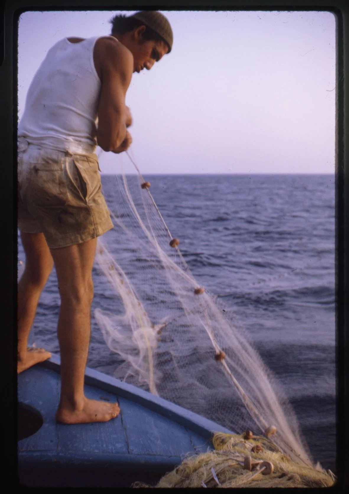 Captain Yiannis Kanaris bringing in his nets (1971). Photograph by Jack Whitten.