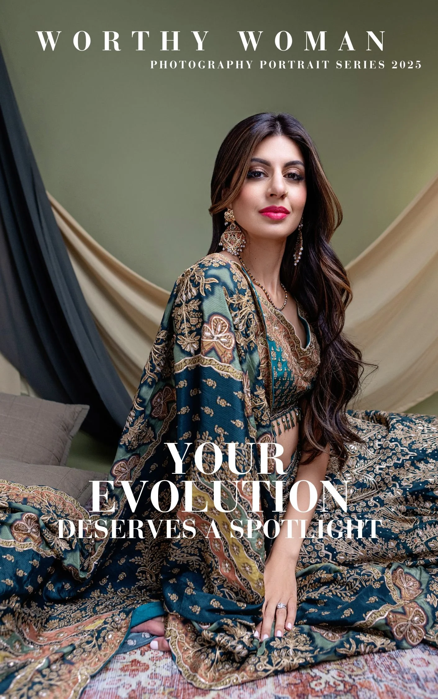 Studio portrait of a menopause specialist physician wearing a dark green traditional sari photographed by Cedna Portrait Stories in Calgary.