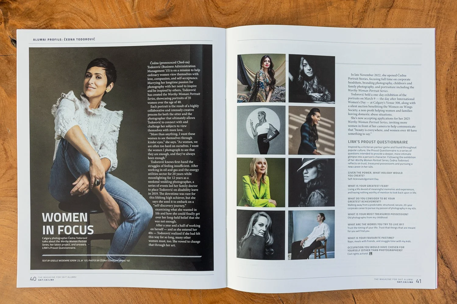 SAIT Calgary magazine feature highlighting Cedna Portrait Stories Worthy Woman photography portrait series in Calgary