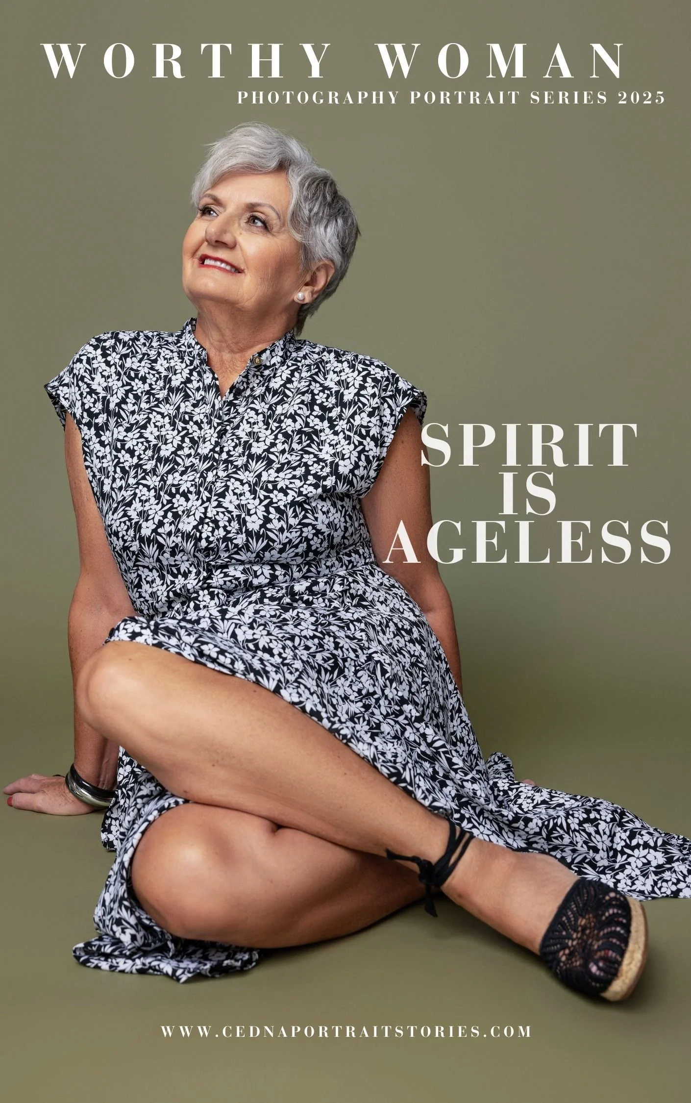 Portrait of a woman in a floral dress embracing her age of 70 and participating in the YYC Worthy Woman Portrait Exhibit  