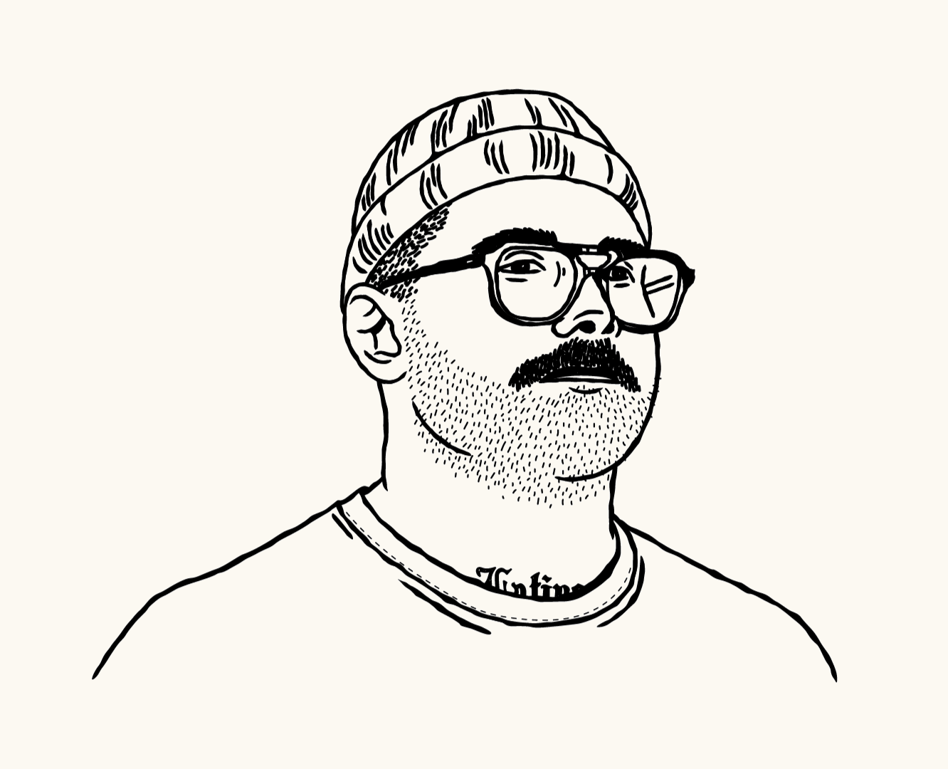 Line drawing of a man wearing a beanie, glasses, and a mustache, with tattoo visible on his neck.