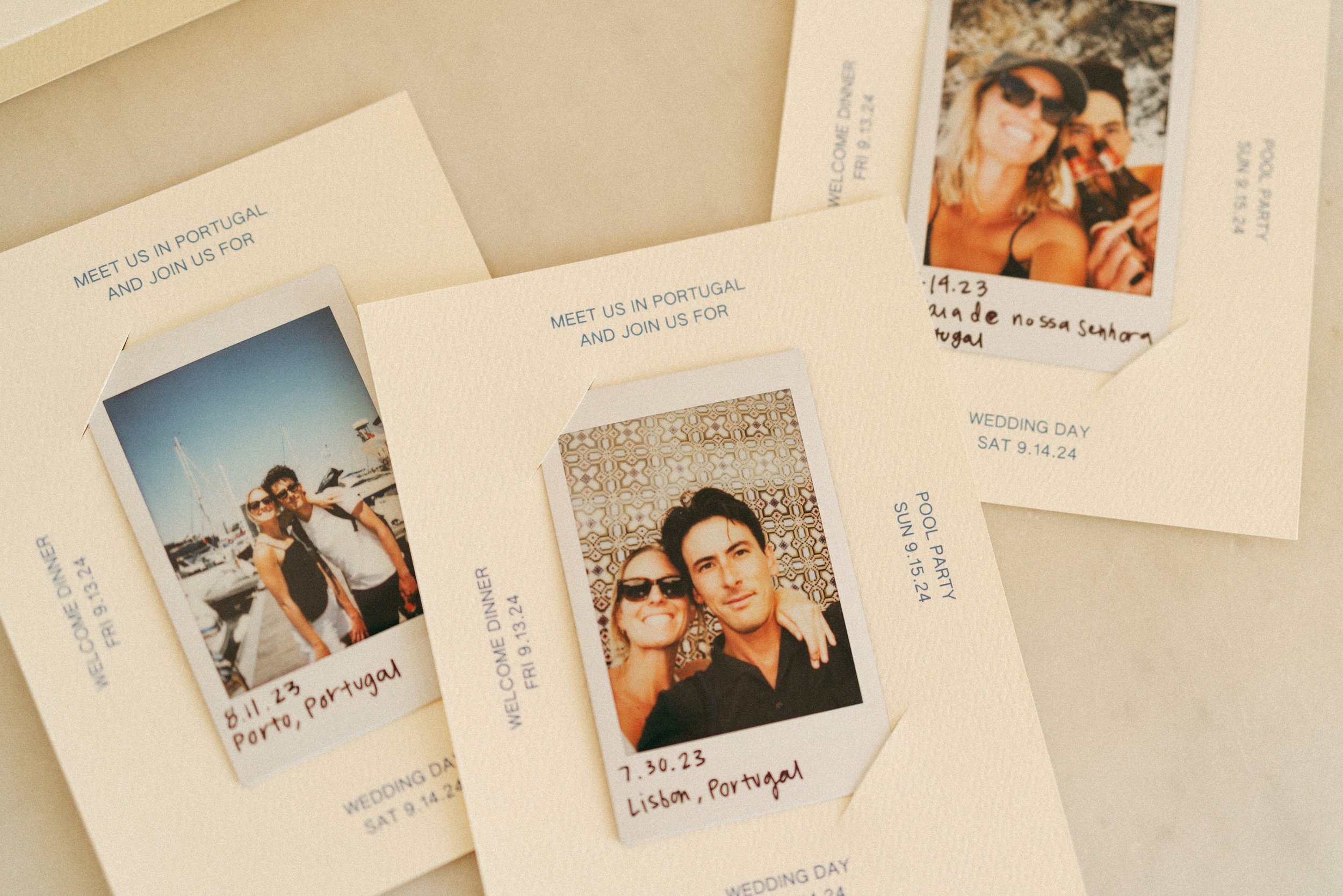 Polaroid save-the-date cards featuring Lindsey and Max’s travel photos, inviting guests to their Portugal destination wedding.
