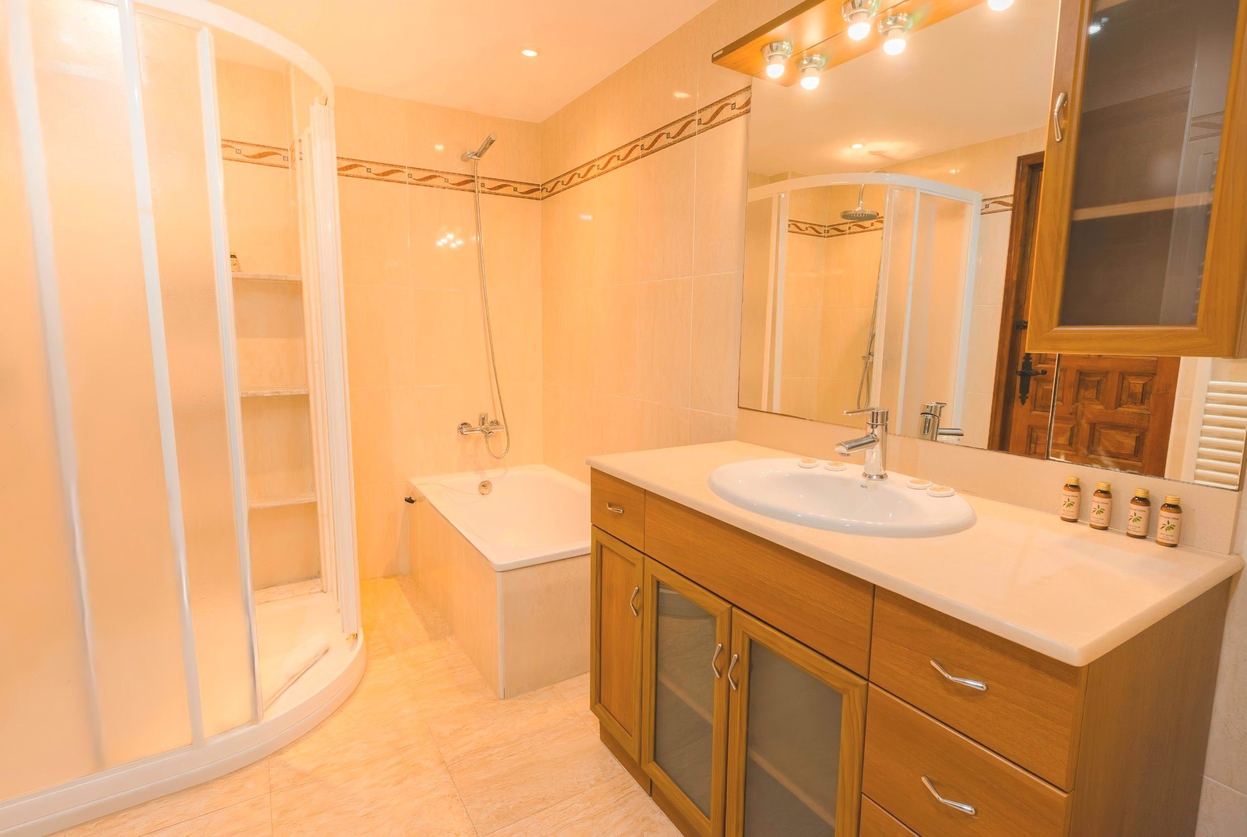 Main House Downstairs Bathroom with walk-in shower, bathtub, basin, and large mirror with overhead lights 