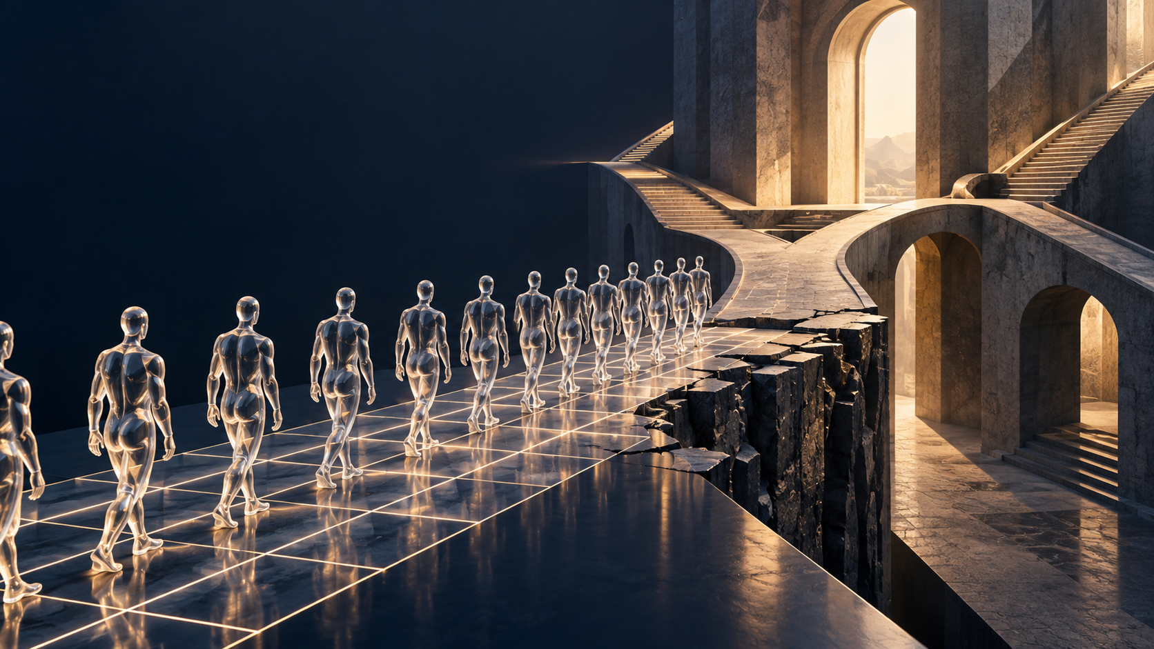 Conceptual illustration of identical glass figures on a digital grid approaching a fractured path and branching stairways.
