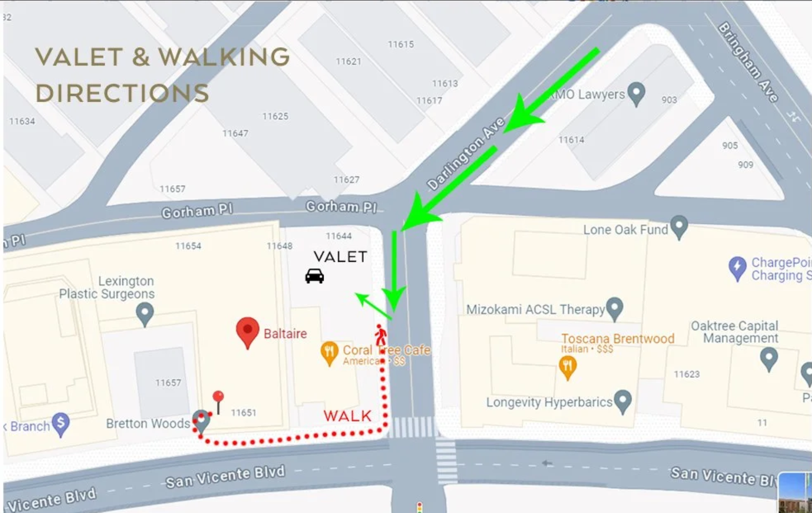 Map of the valet and walking route