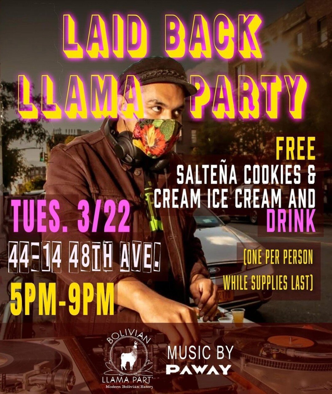 You read right! Join @llamapartynyc for their Laid Back Llama Party next Tuesday 3/22 from 5pm-9m. Free saltena cookies, ice cream, and drink (while supplies last)!

#Repost @llamapartynyc:

Join us Tuesday for free food and a drink on us! Joined by 