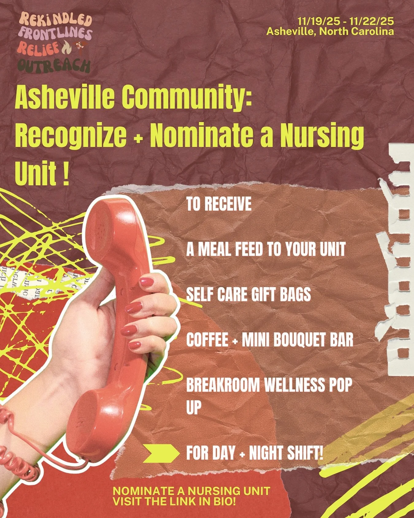 📢 Calling all Asheville Nurses! 

Does your unit need a little extra love? Need a way to acknowledge your hard work? 

Nominate and recognize your unit! 

Rekindled Frontlines and the generous donors of our communities want to celebrate you with

🌯