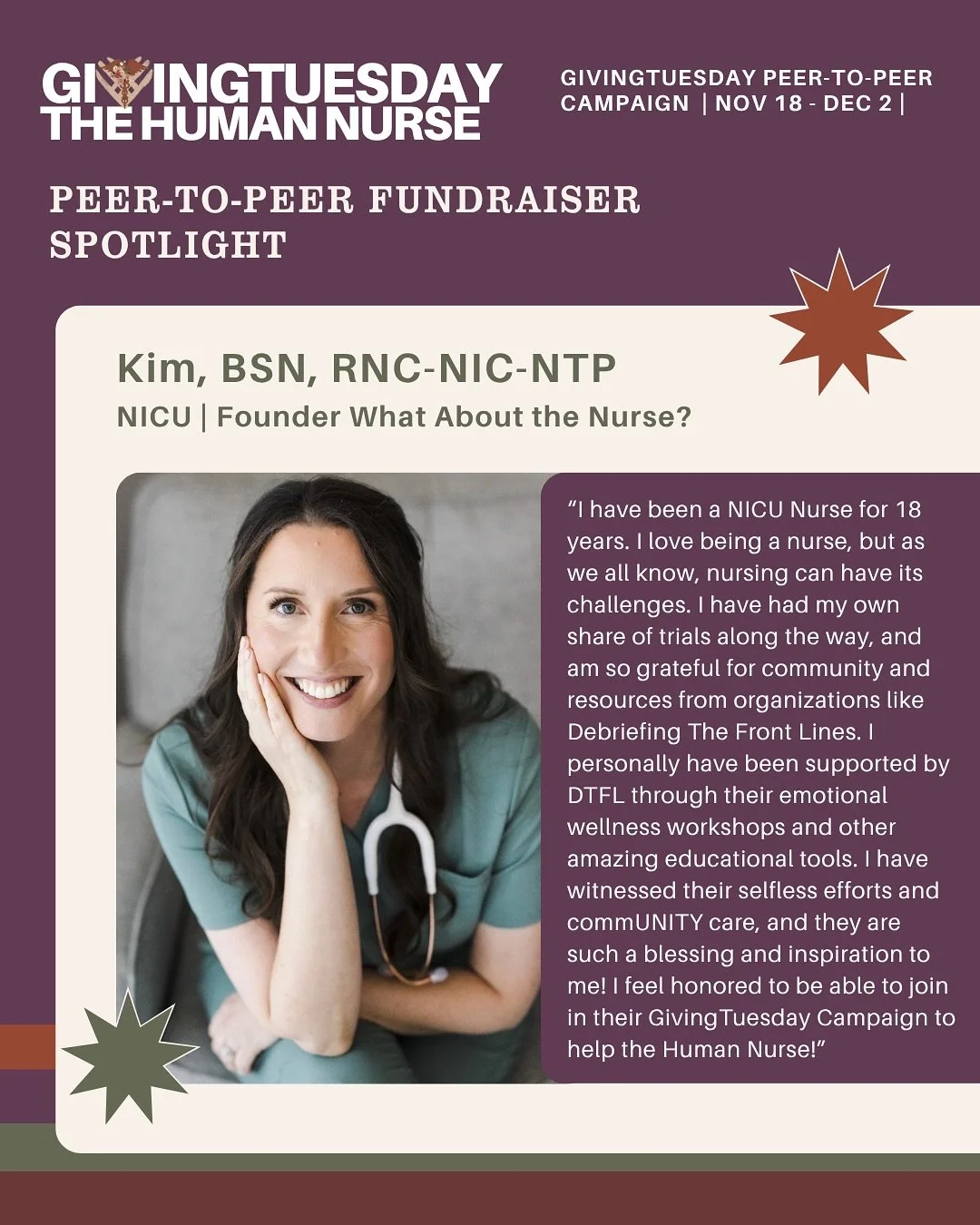 Debriefing the Front Lines 5th annual peer-to-peer GivingTuesday campaign, THE HUMAN NURSE AND the new website is LIVE - and we are&nbsp;feeling the power of commUNITY in a big way! 

During this 14 day campaign beginning today and culminating on Giv