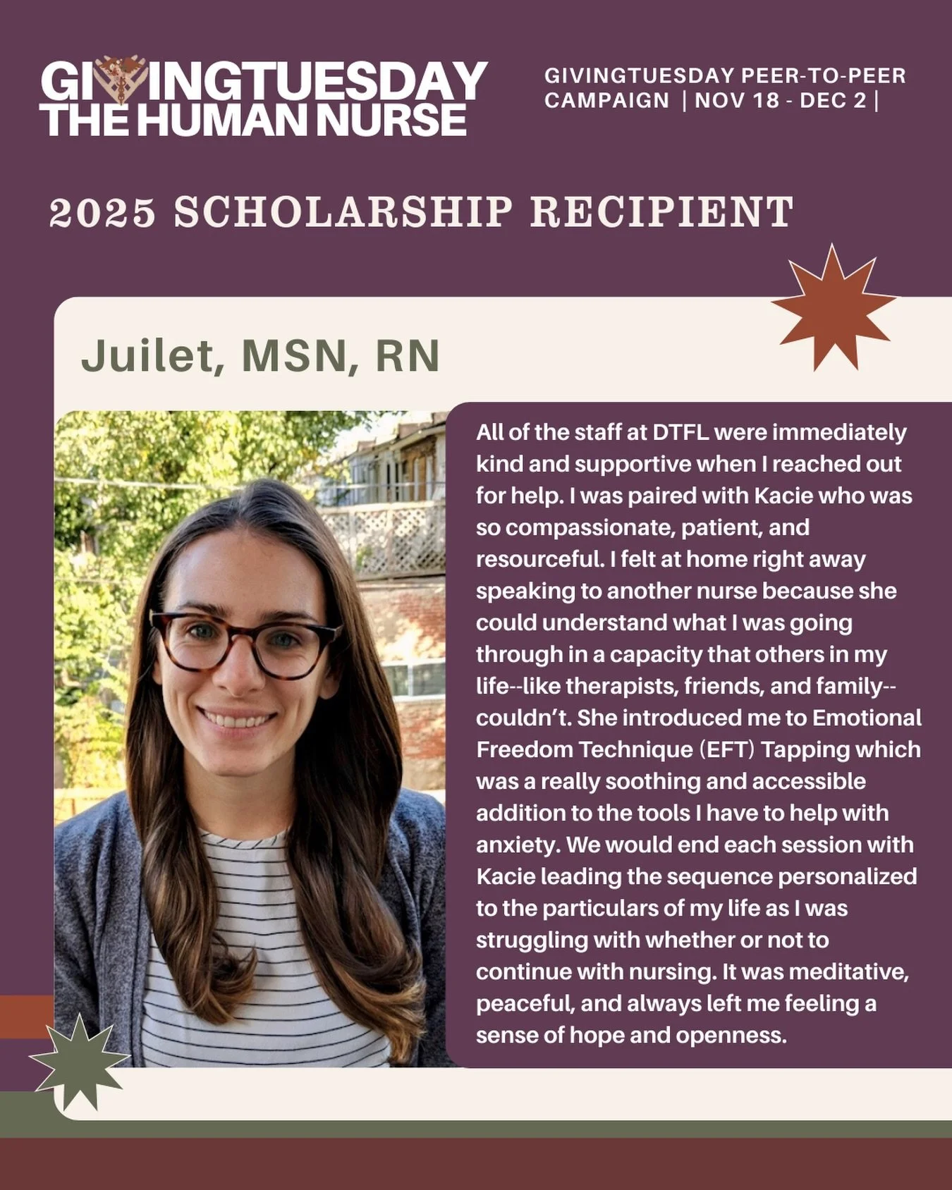 Meet Debriefing the Front Lines 2025 scholarship recipient, Juliet. 

Juliet shares 

&ldquo;I would highly recommend any nurses who are experiencing burnout, anxiety, depression, or other mental health challenges to engage with DTFL. They are made u
