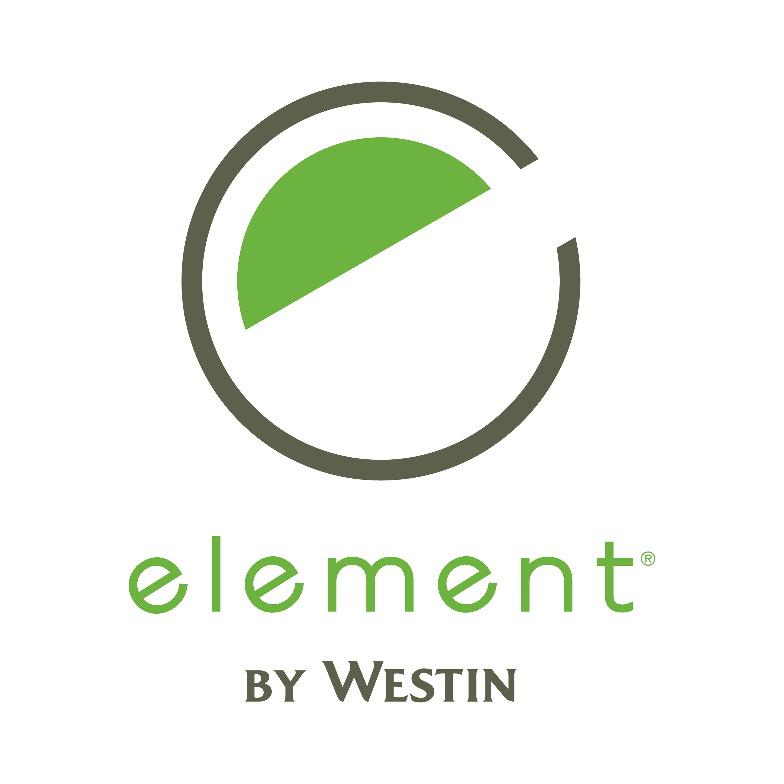 Logo for Element by Westin, featuring a stylized green circle with a segment cut out, and the words 'element' in lowercase green font and 'by WESTIN' in uppercase gray font underneath.